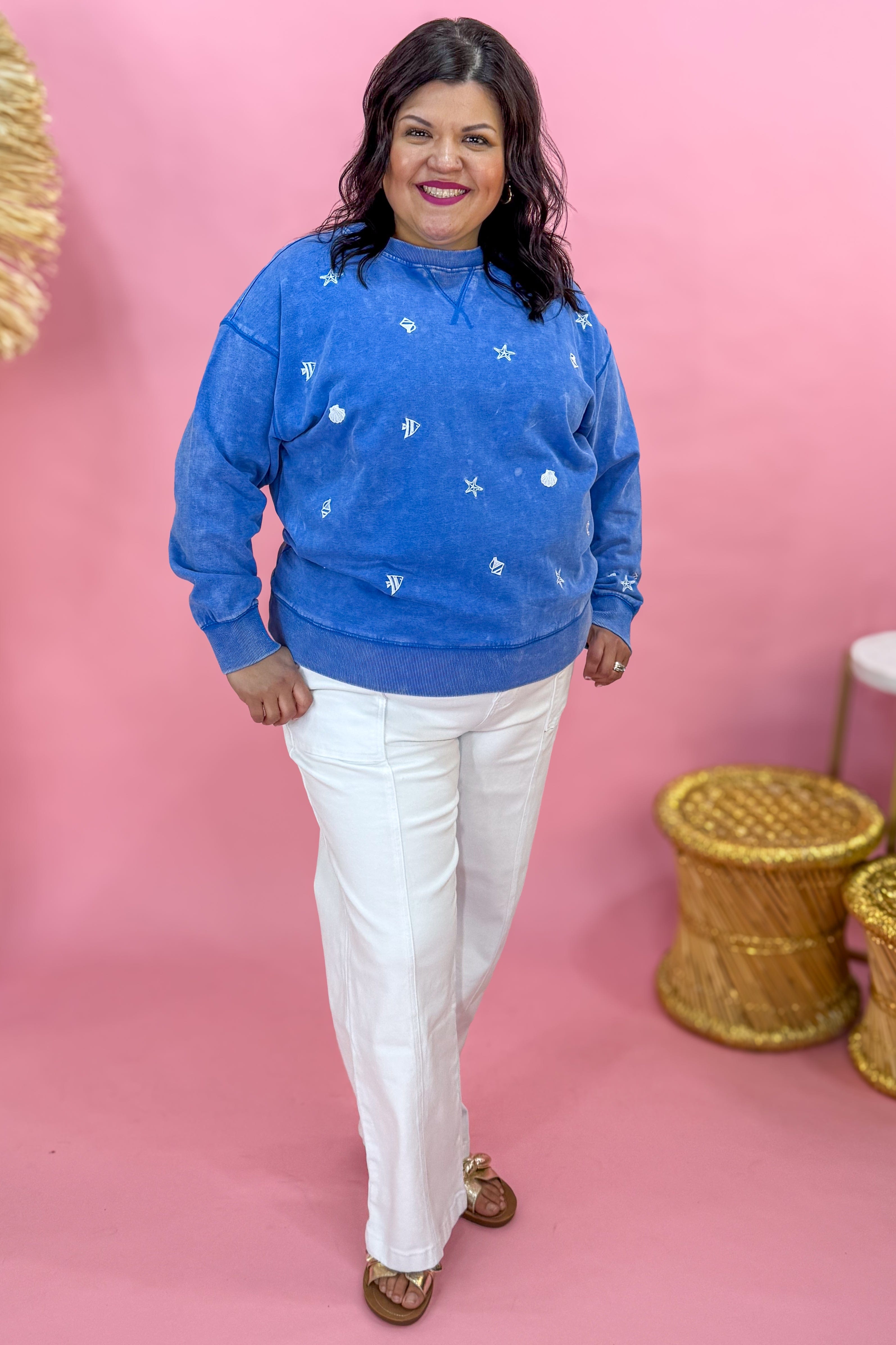 Wash Blue Ocean Embroidered Pullover Styled