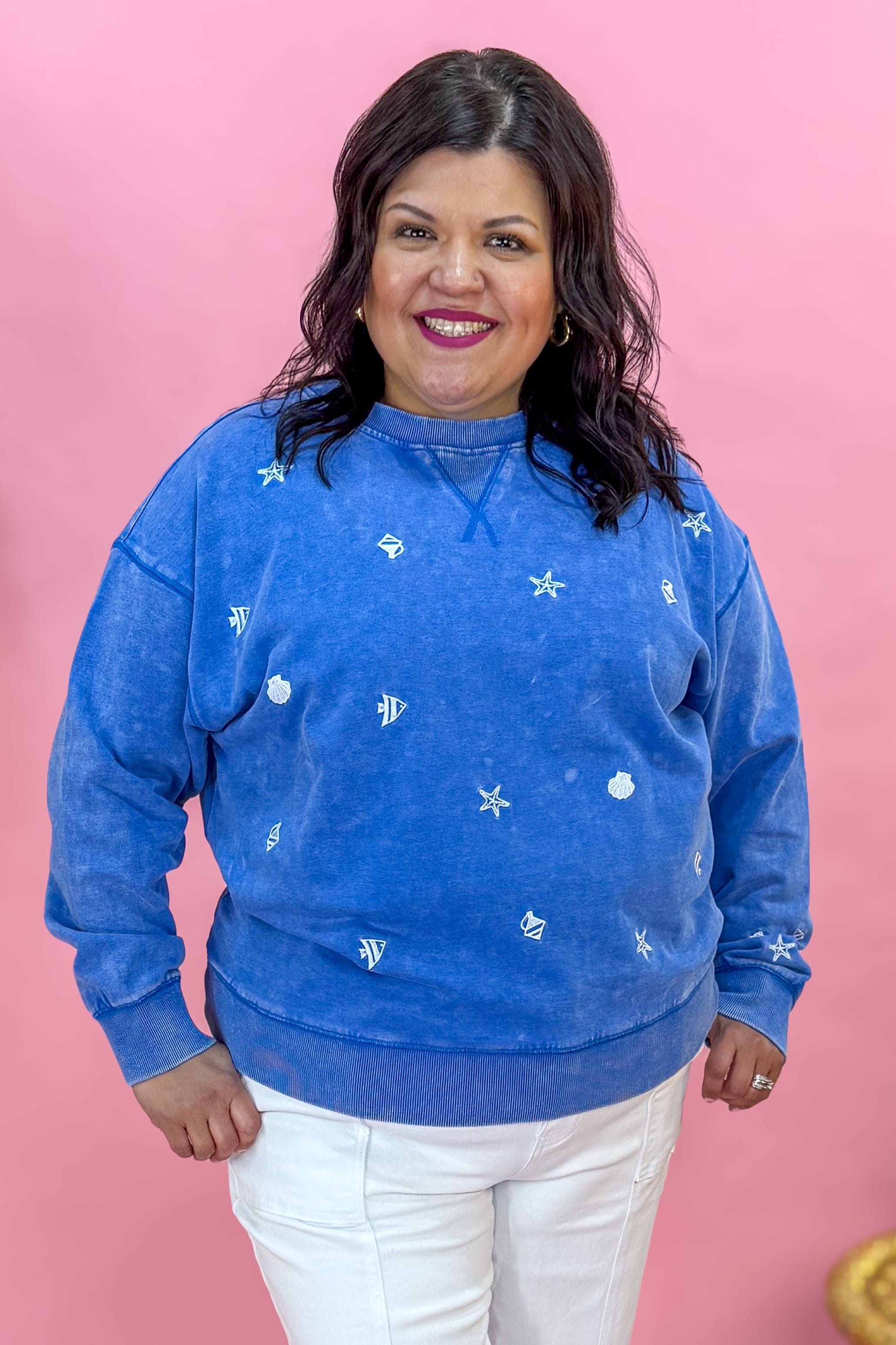 Wash Blue Ocean Embroidered Pullover