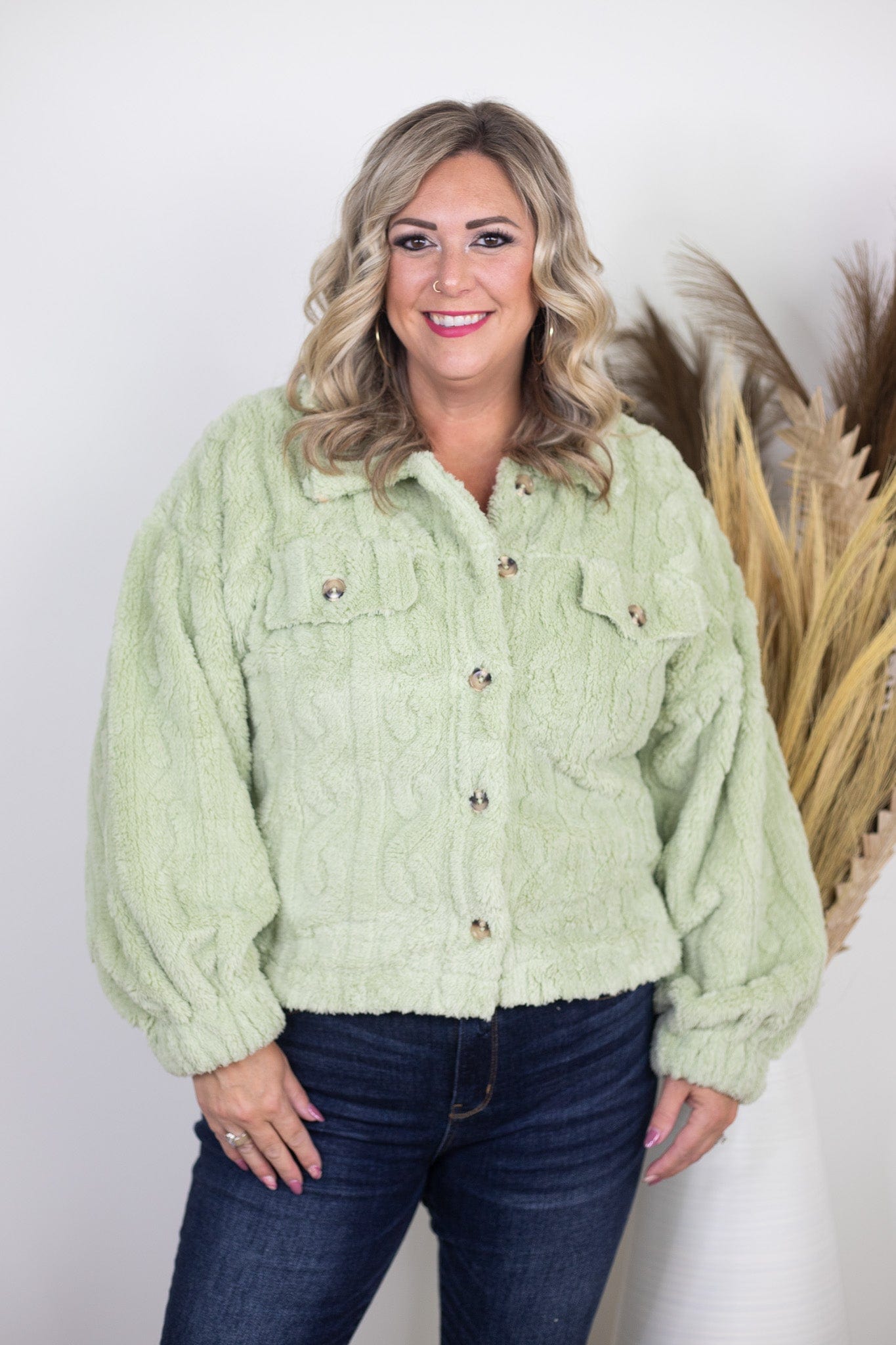 Sage Cable Pattern Furry Shacket