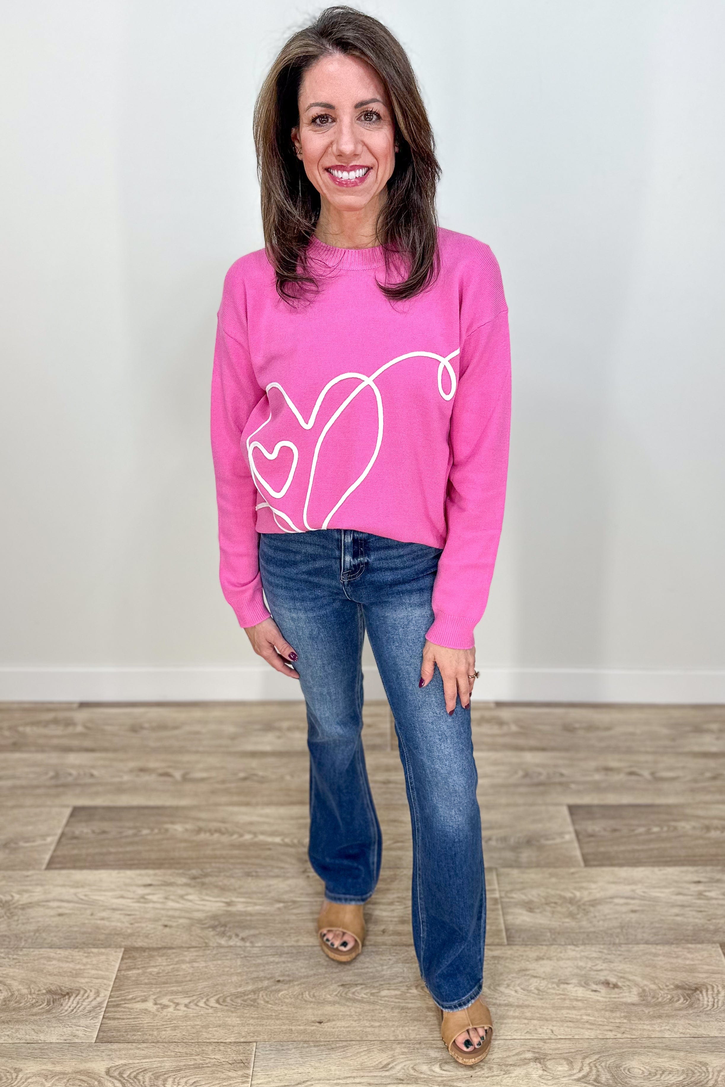 Hot Pink Embroidered Heart Sweater 