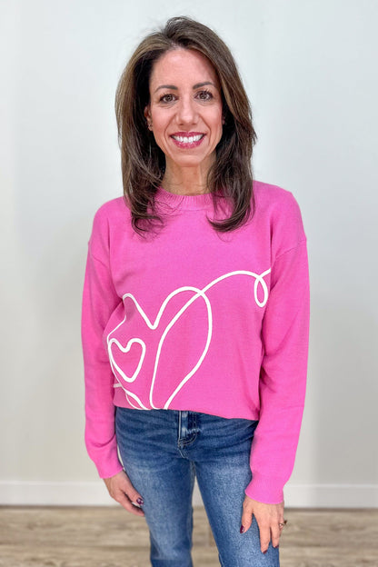 Hot Pink Embroidered Heart Sweater