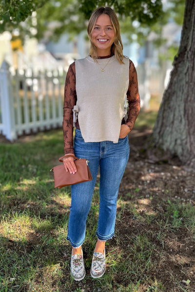 Sand Beige Side Tied Stripe Sweater Vest styled
