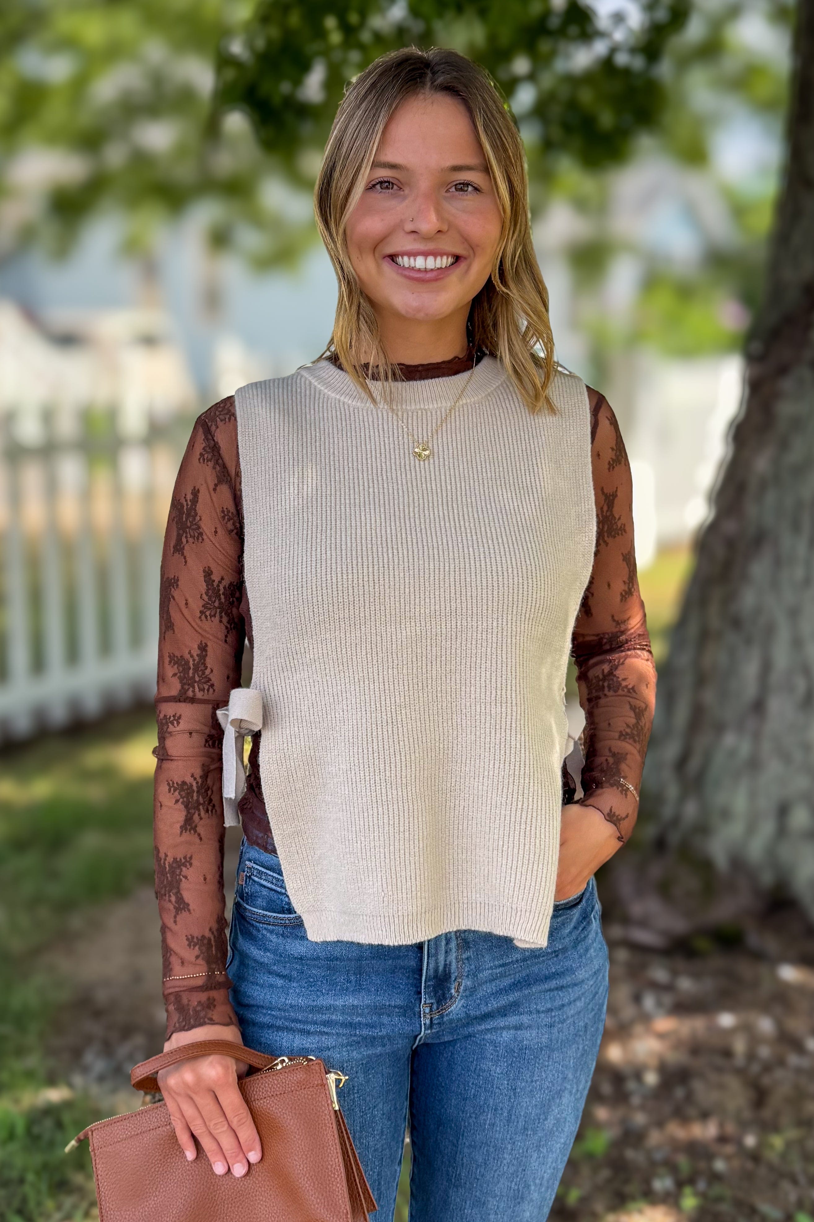 Brown Lace Layering Top styled with vest