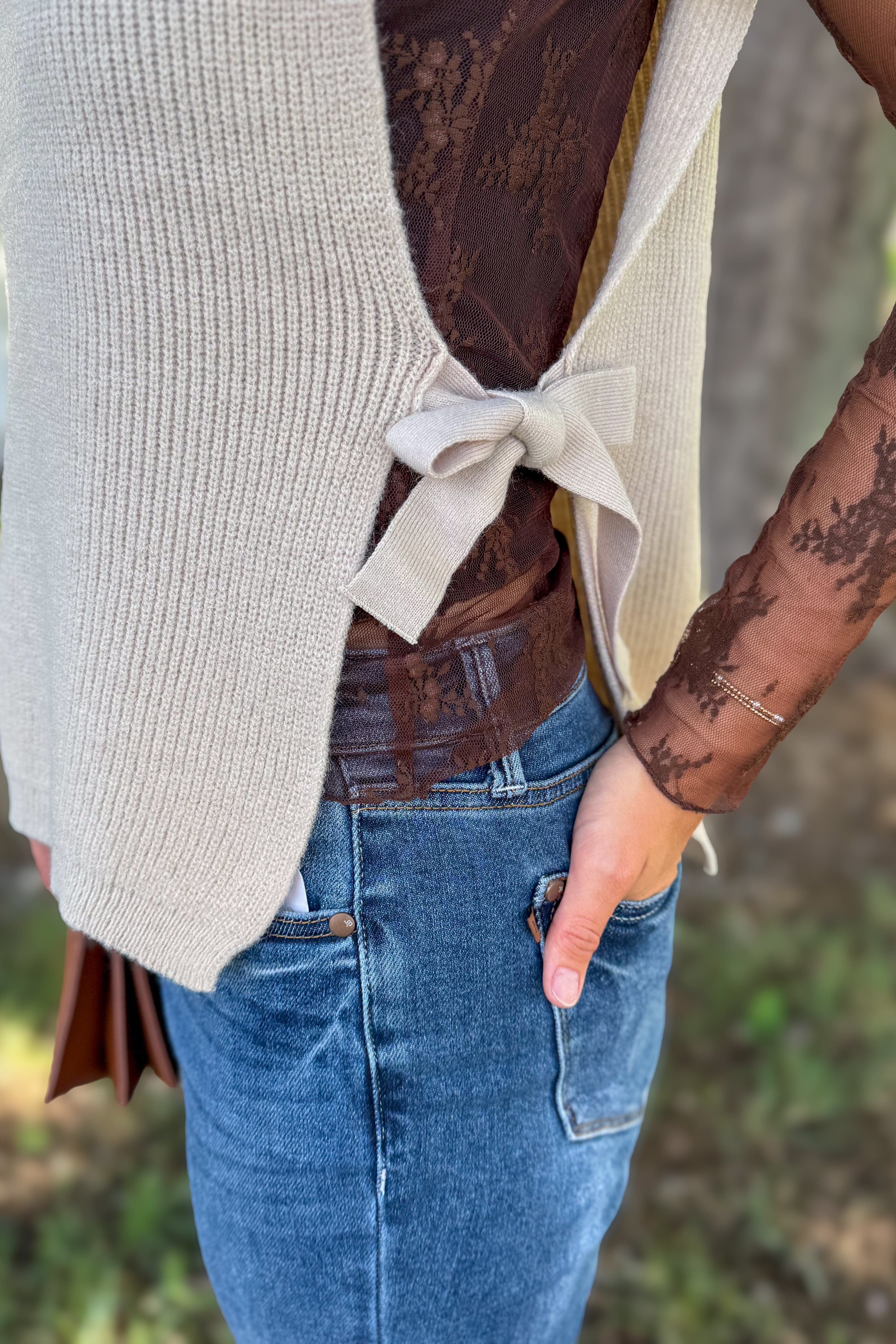 Sand Beige Side Tied Stripe Sweater Vest details