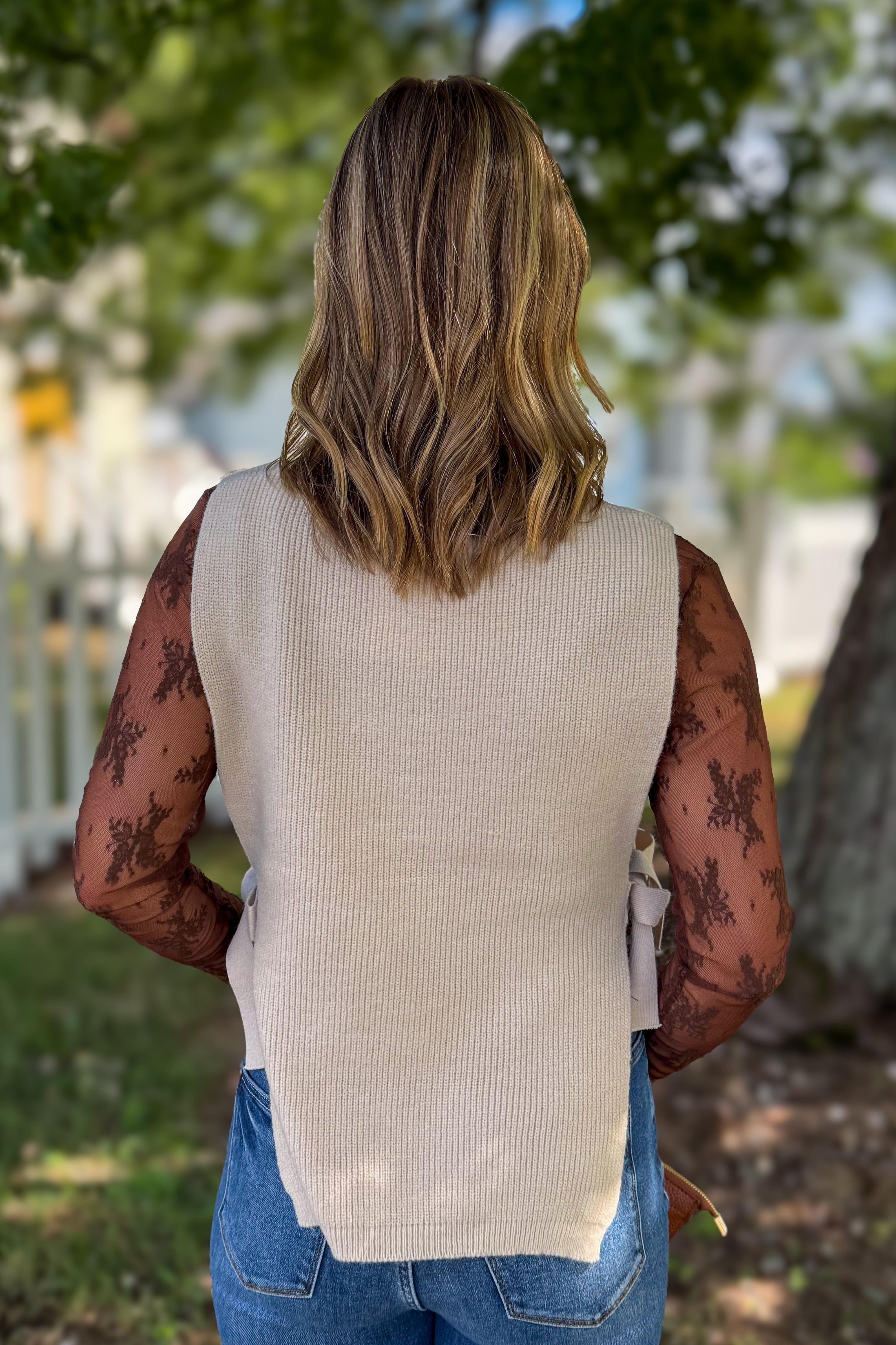 Sand Beige Side Tied Stripe Sweater Vest back