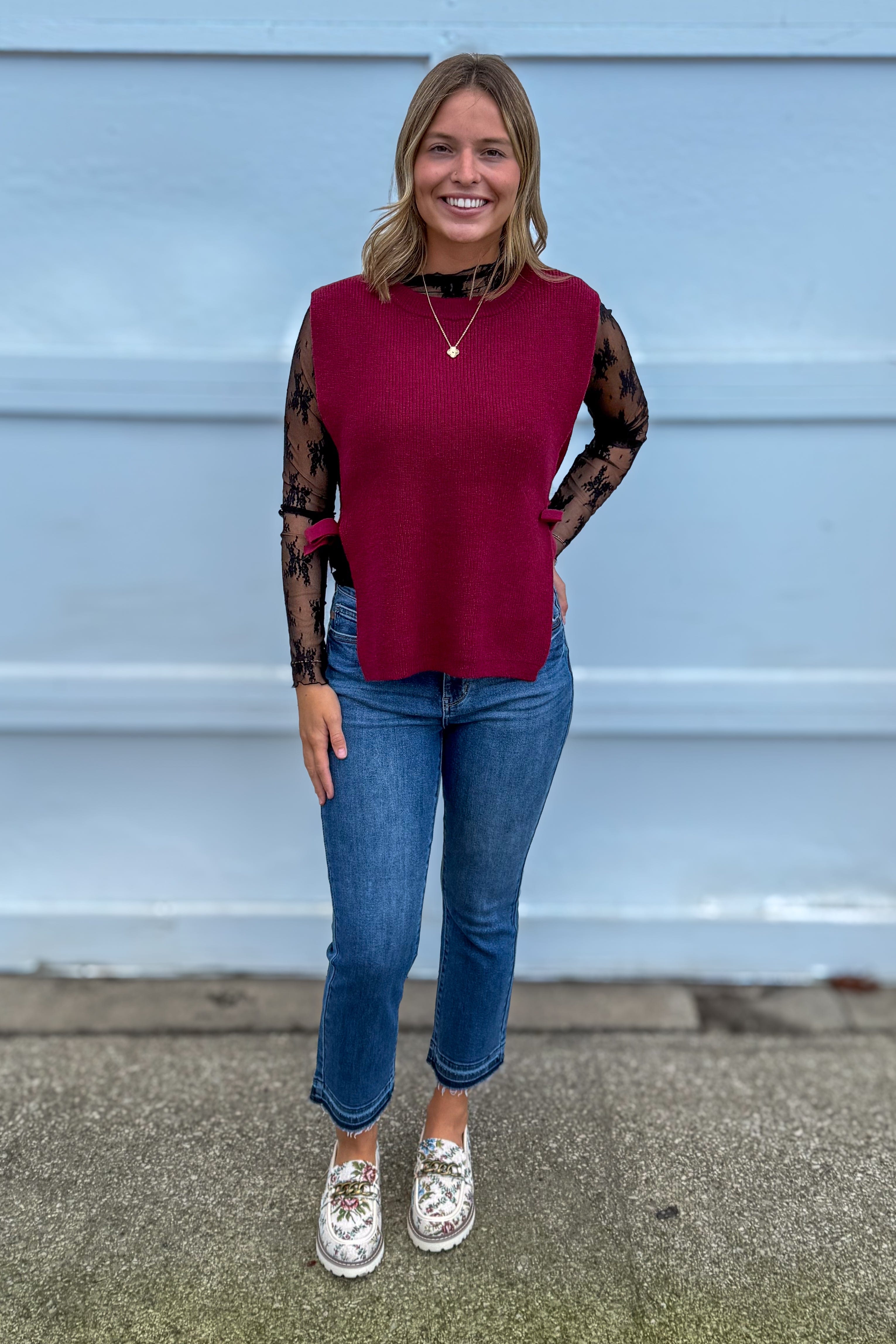 Cabernet Side Tied Stripe Sweater Vest styled