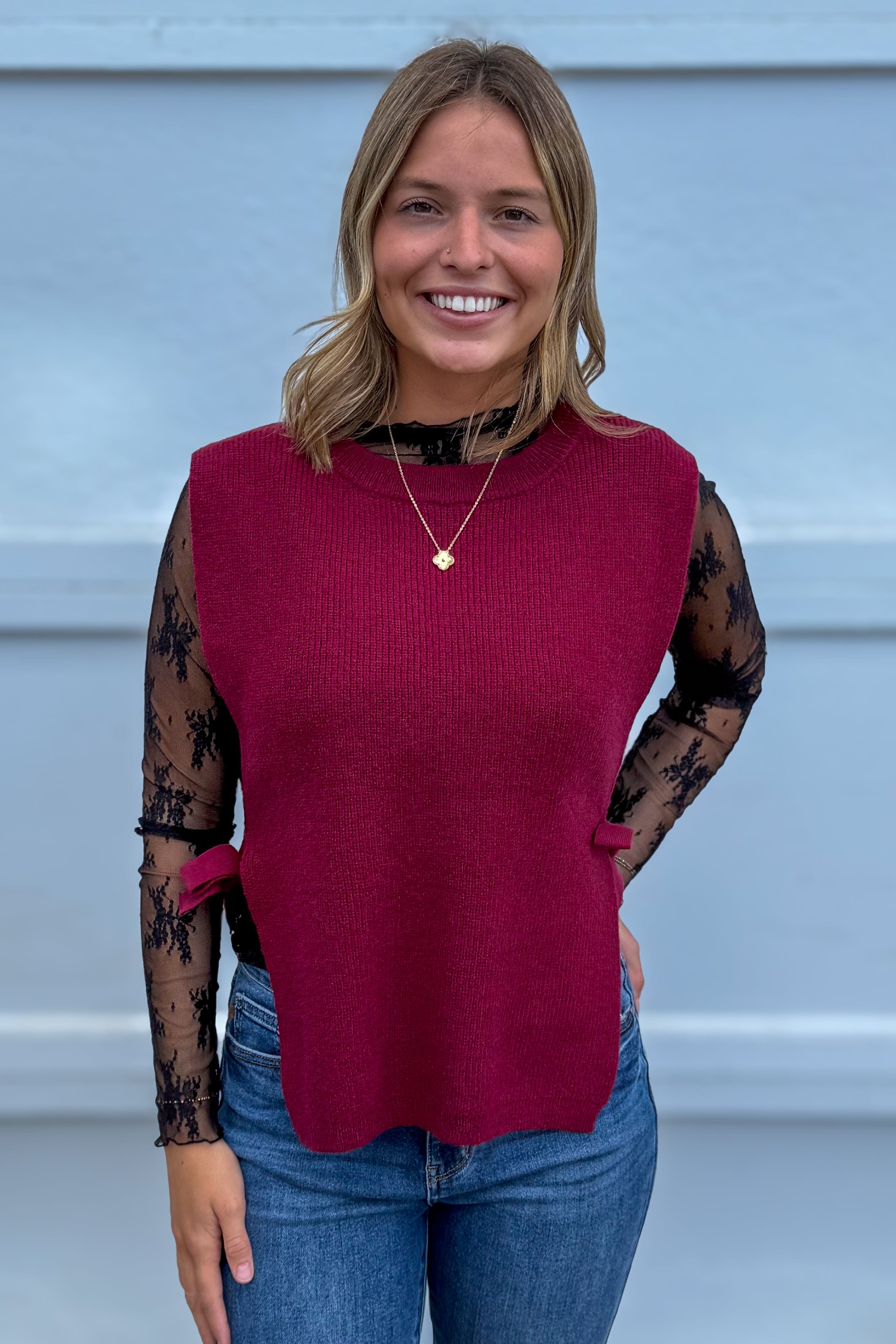 Cabernet Side Tied Stripe Sweater Vest