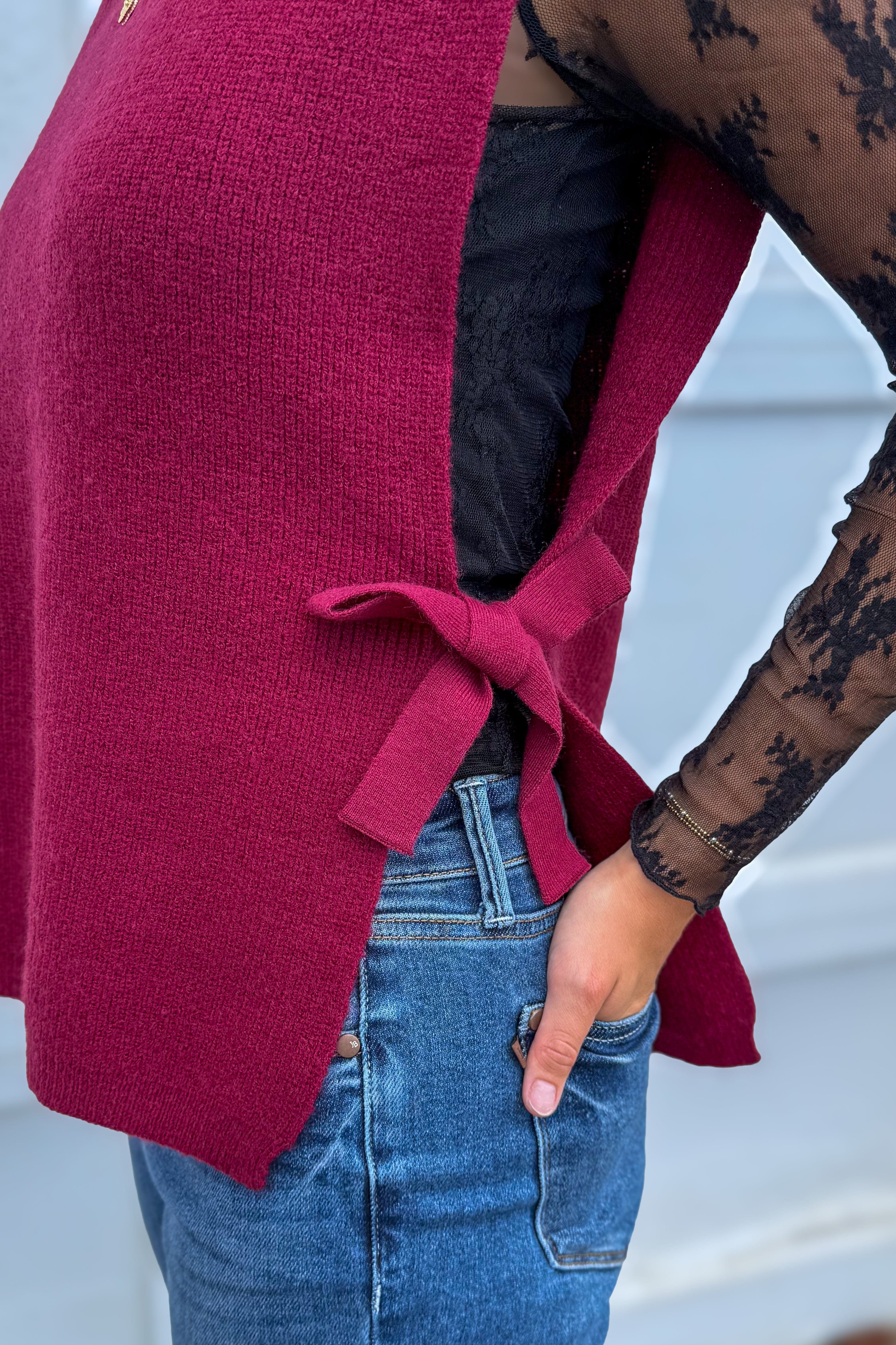 Cabernet Side Tied Stripe Sweater Vest detail