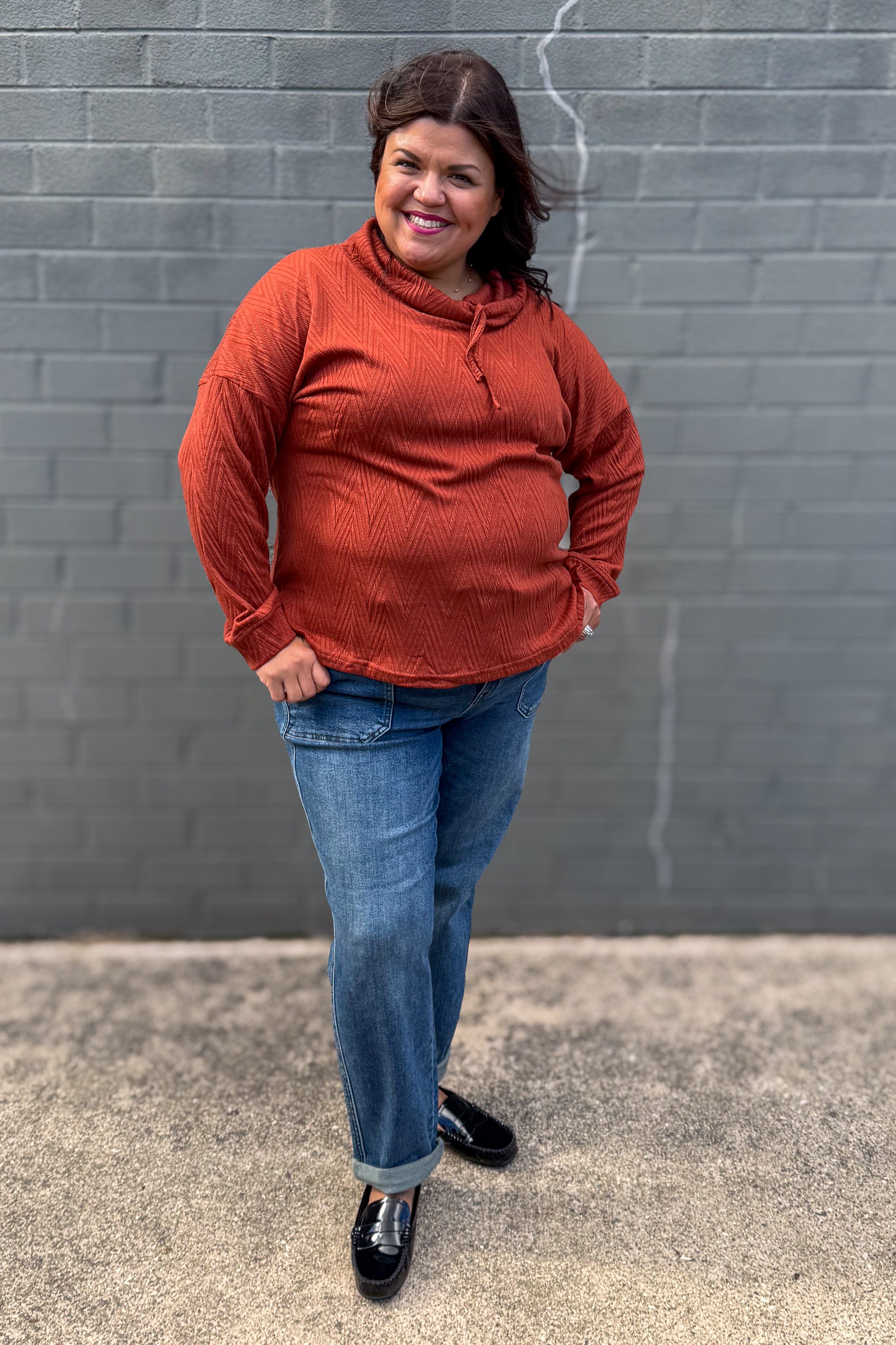 Rust Solid Cowl Neck Drawstring Top styled