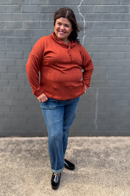 Rust Solid Cowl Neck Drawstring Top styled