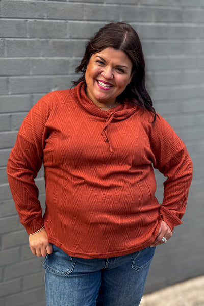 Rust Solid Cowl Neck Drawstring Top