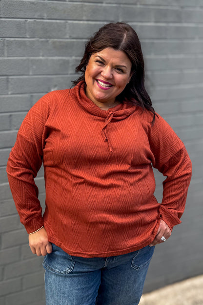 Rust Solid Cowl Neck Drawstring Top