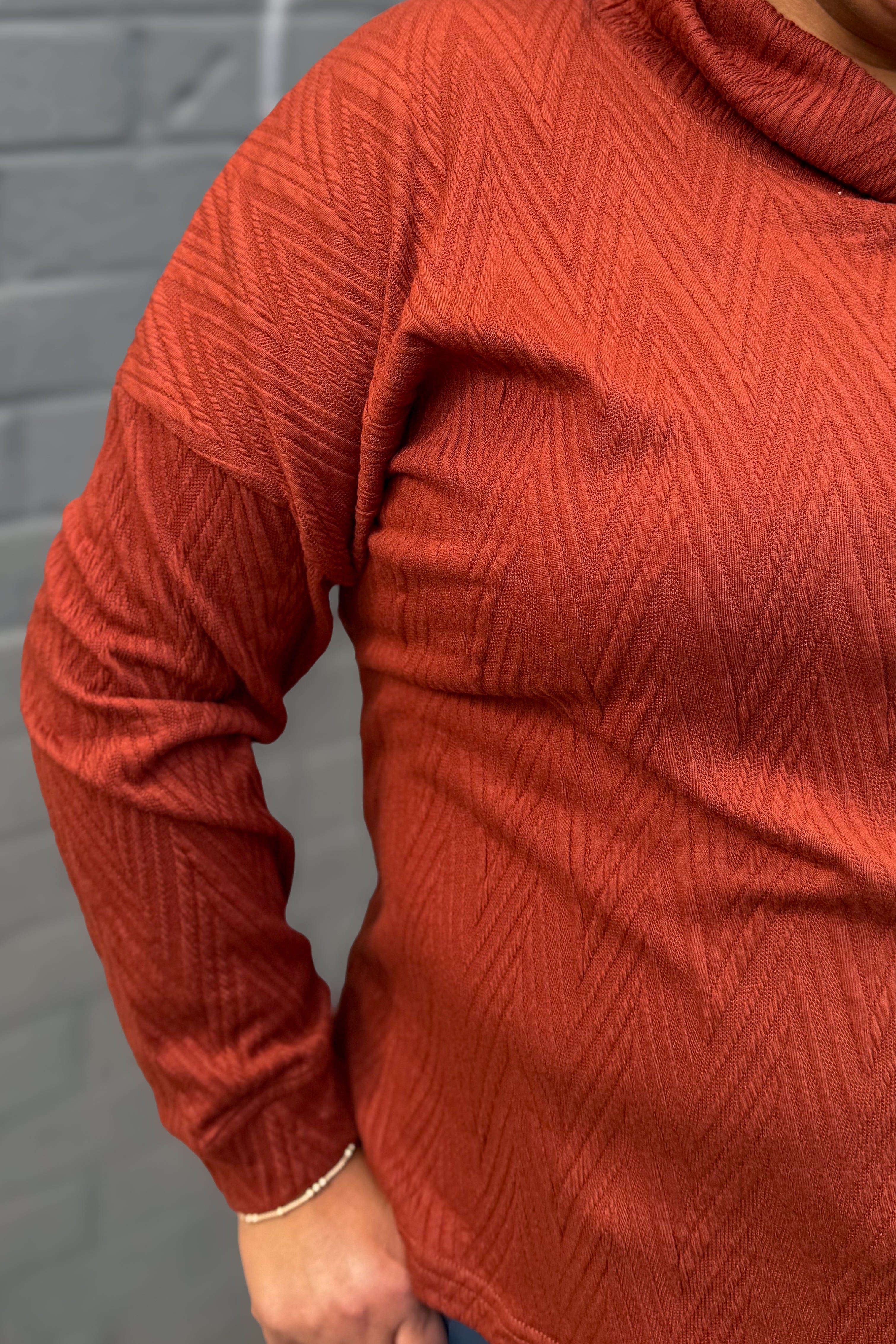 Rust Solid Cowl Neck Drawstring Top deetails