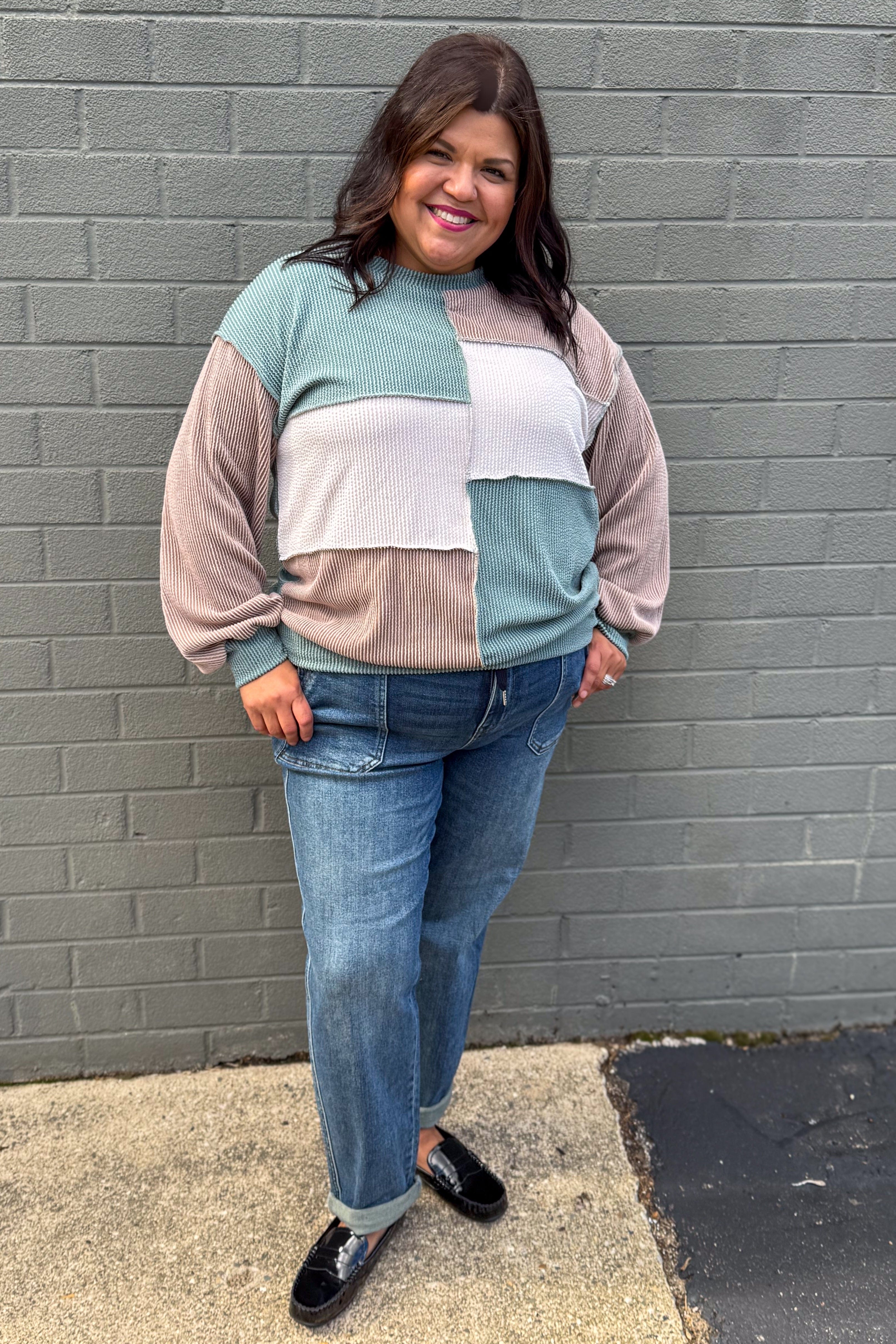 Moss & Taupe Color Block Ribbed Top styled
