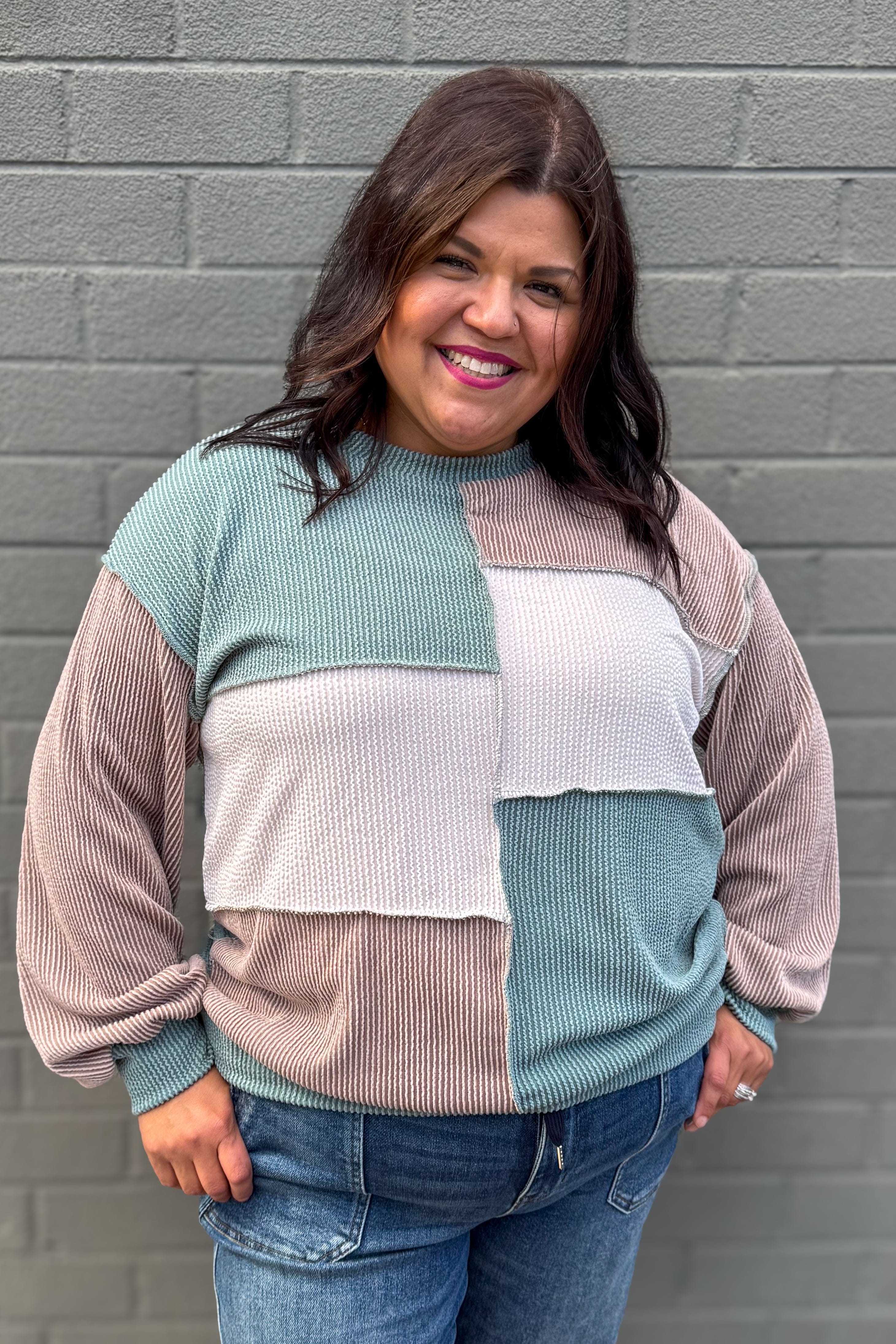 Moss & Taupe Color Block Ribbed Top