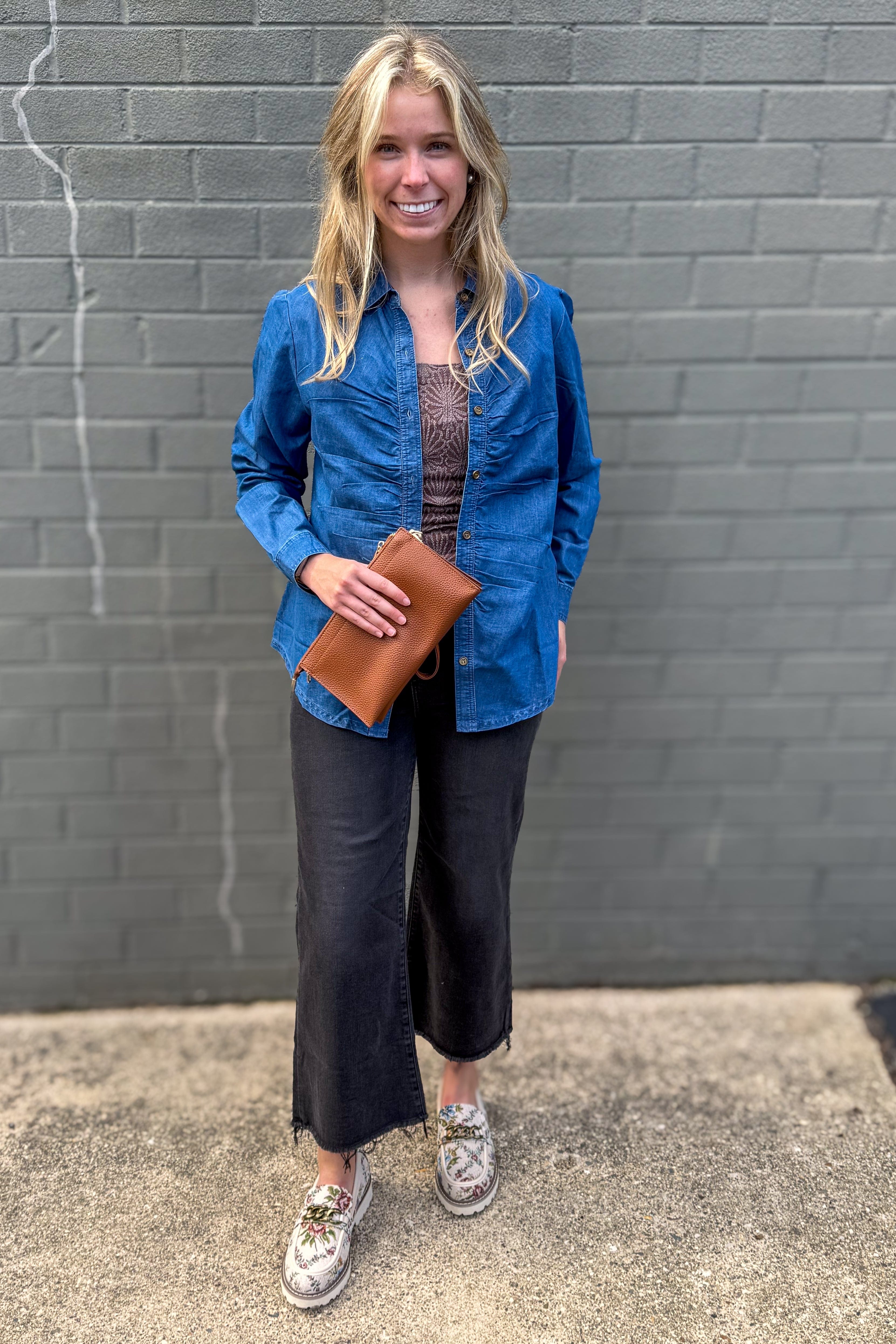 Chambray Gathered Button Up Top styled