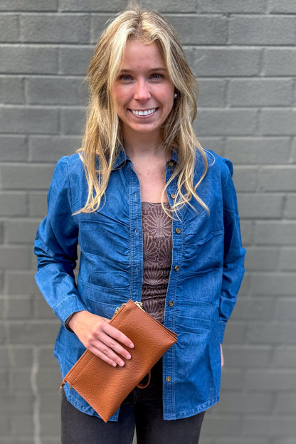 Chambray Gathered Button Up Top