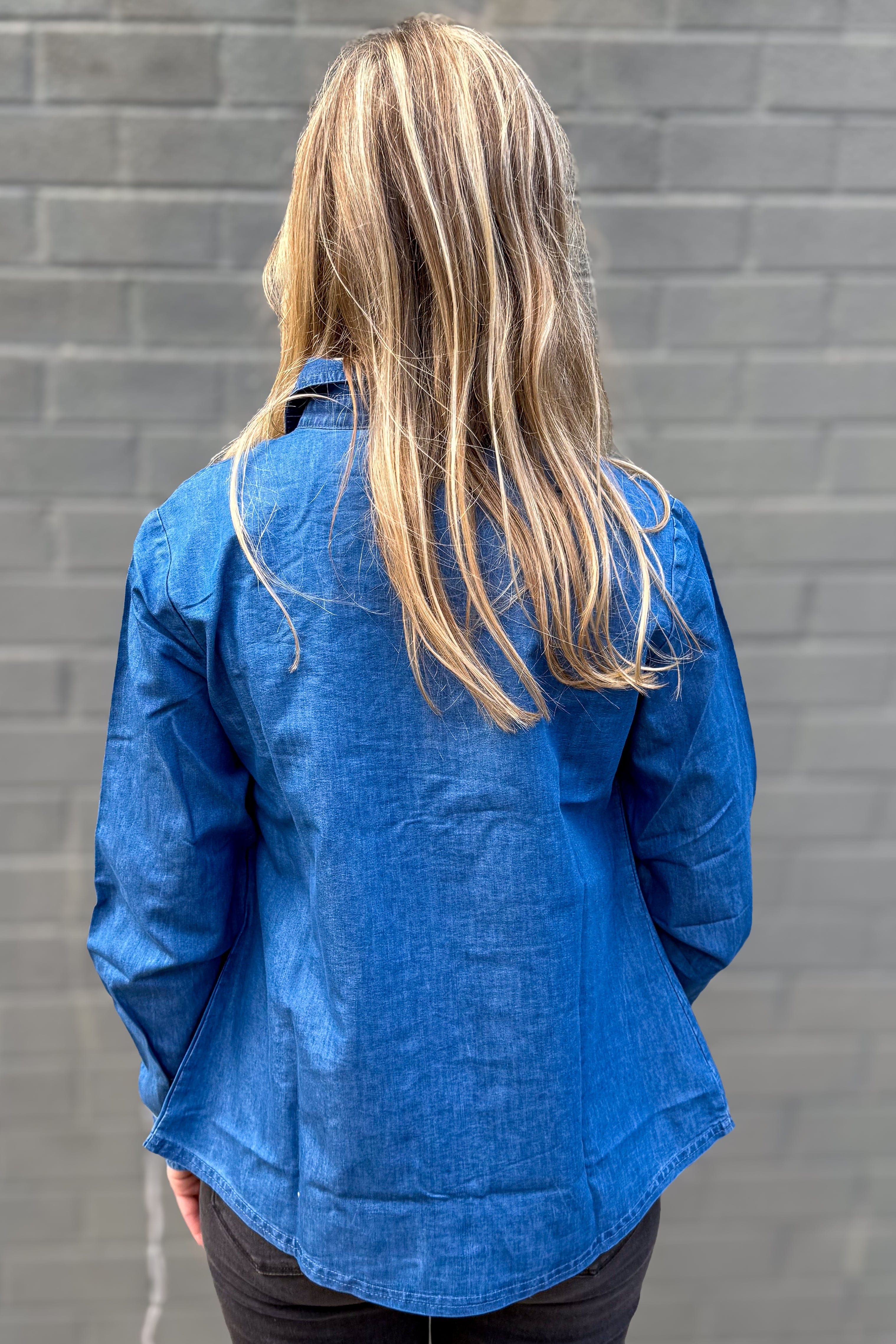 Chambray Gathered Button Up Top back