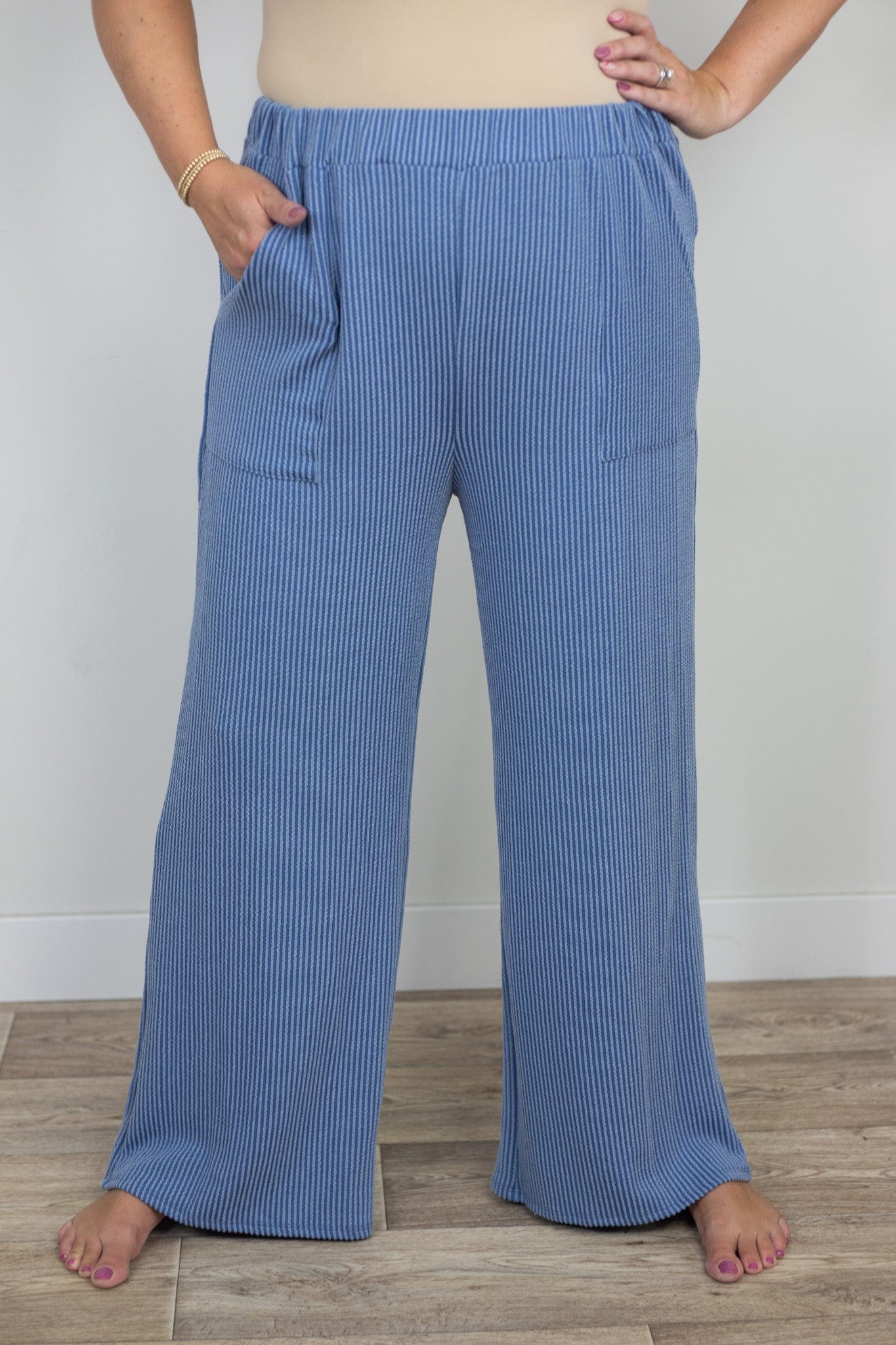 Cool Blue Ribbed Flowy Pant