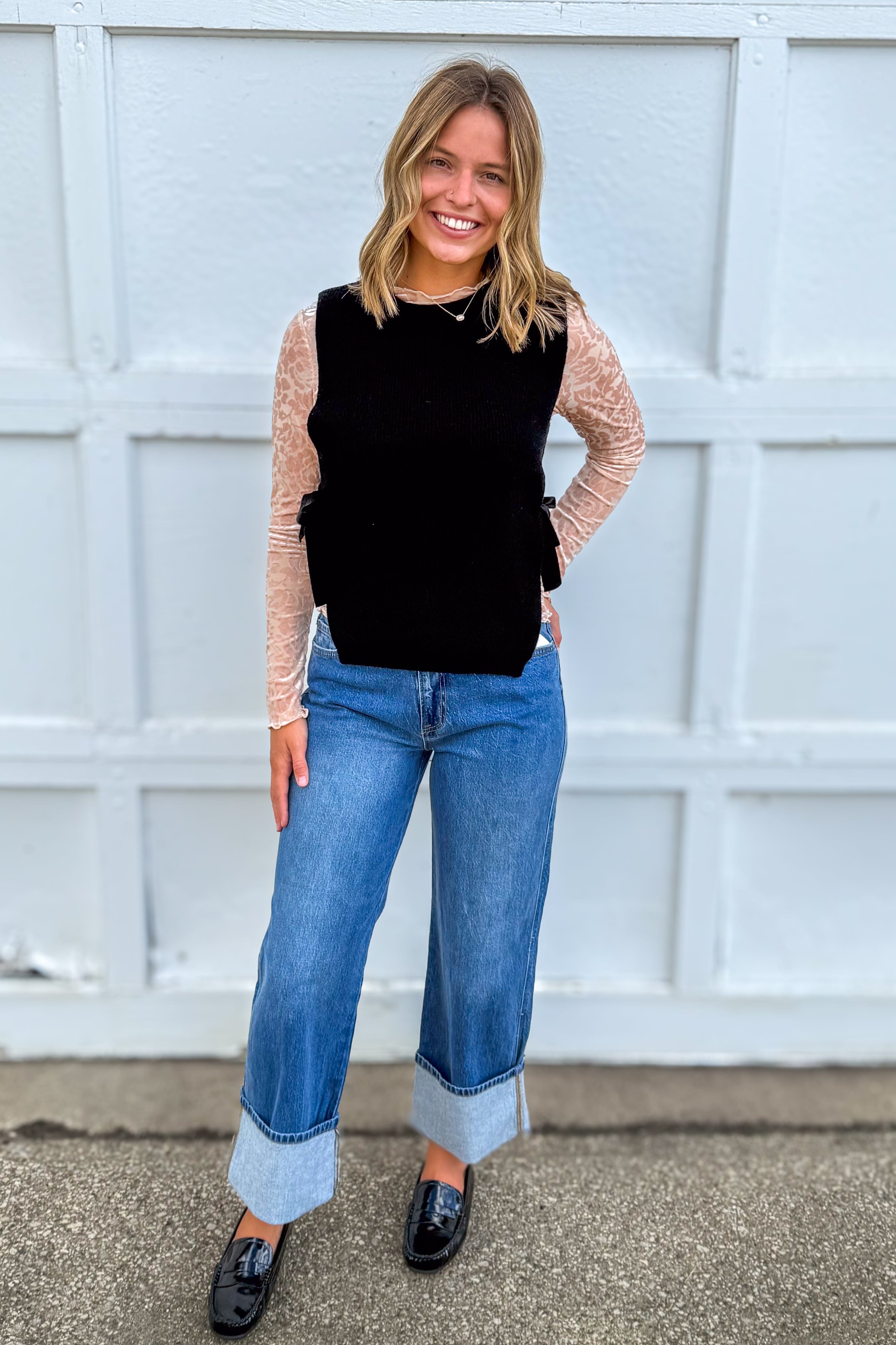 Black Side Tied Stripe Sweater Vest styled