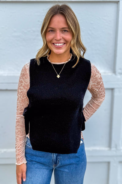 Blush Floral Velvet Blouse layered with vest