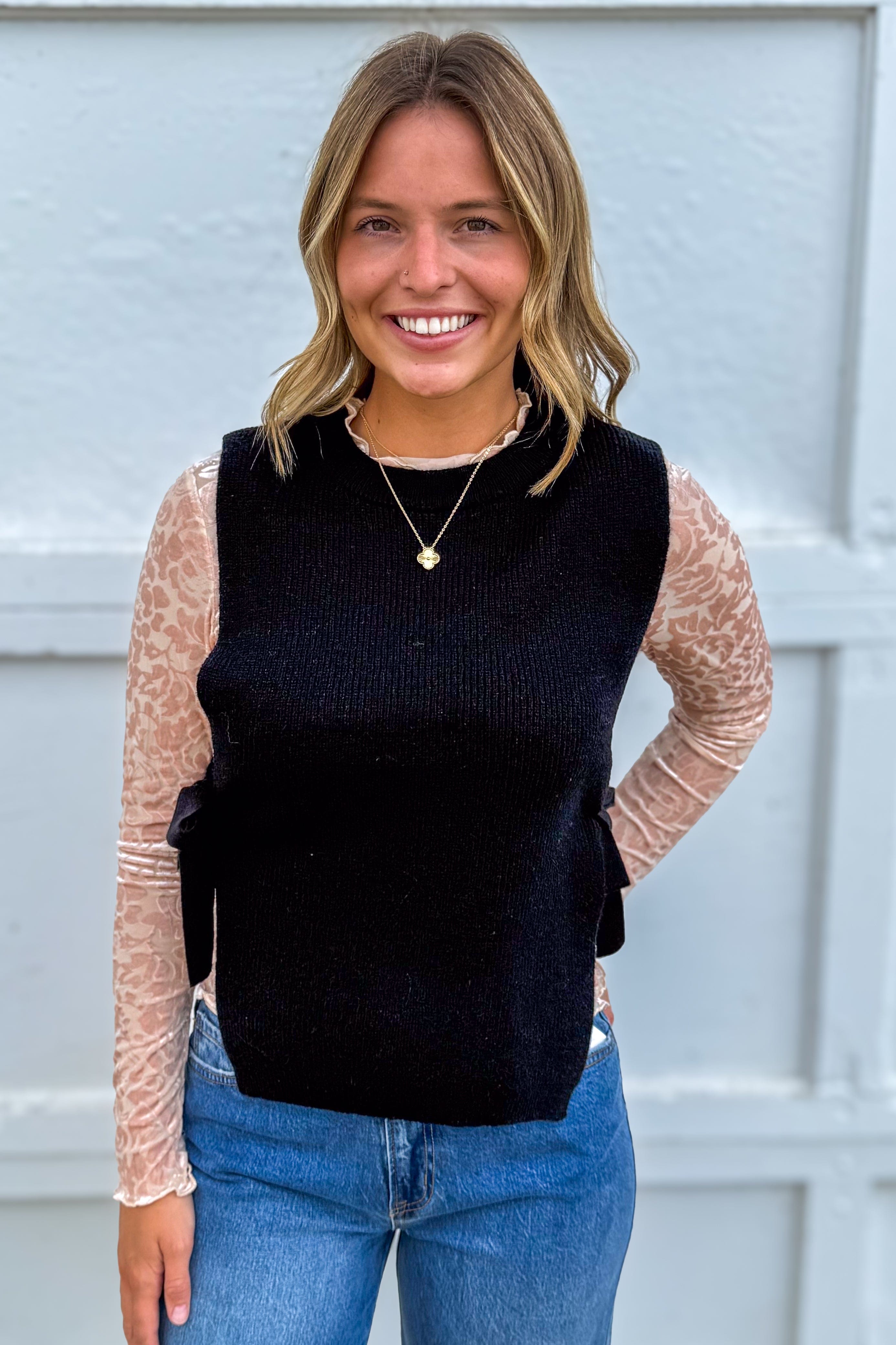 Black Side Tied Stripe Sweater Vest