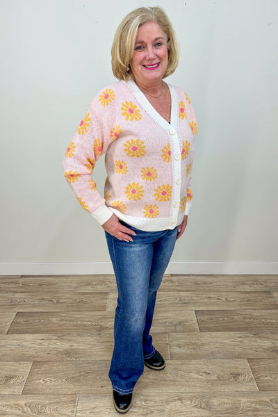 White Floral Button Cardigan styled