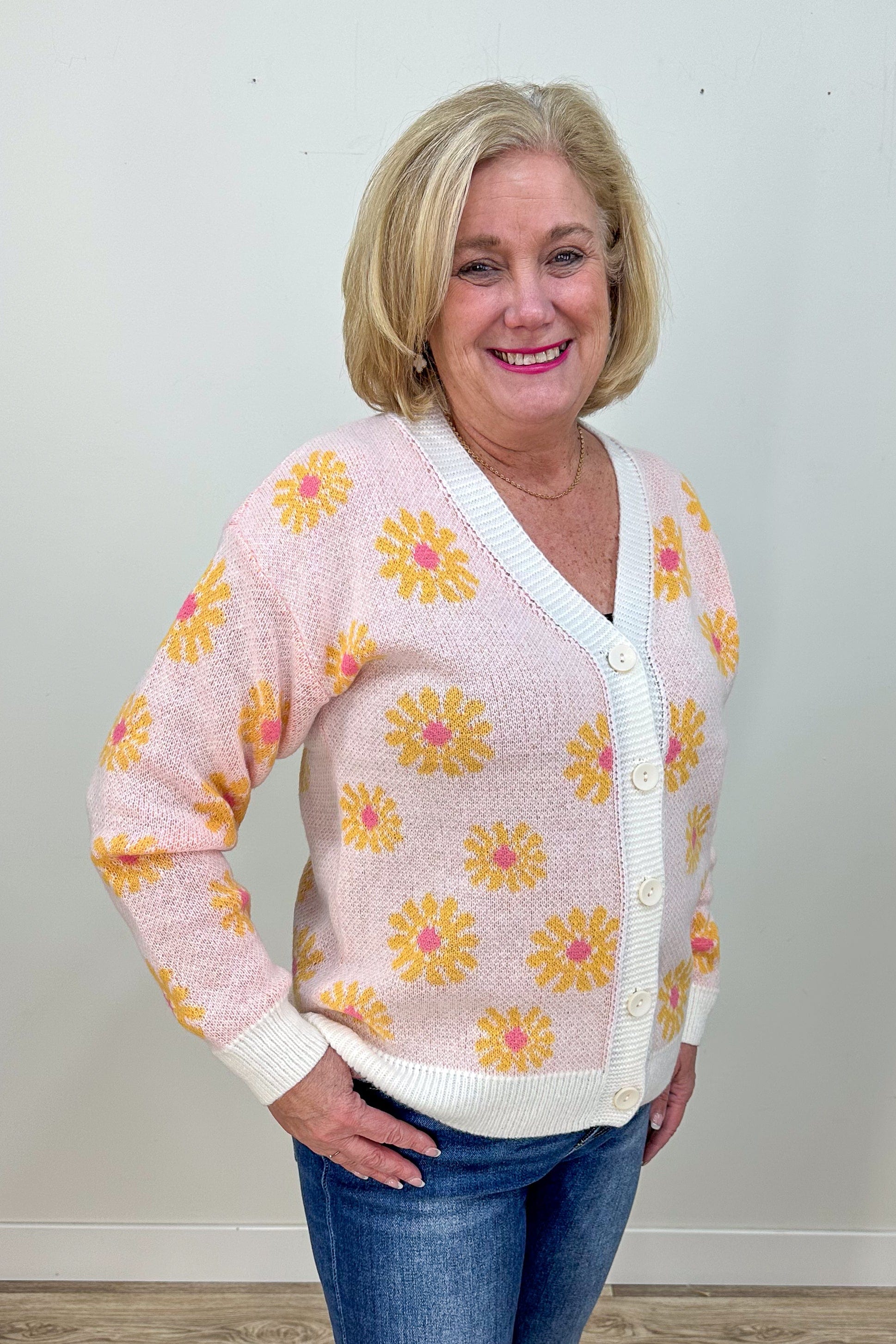 White Floral Button Cardigan
