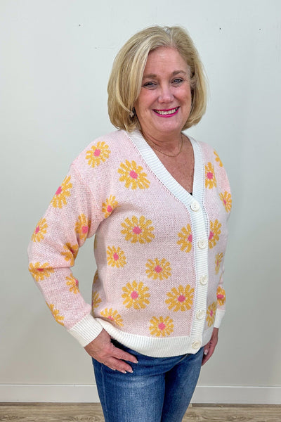 White Floral Button Cardigan