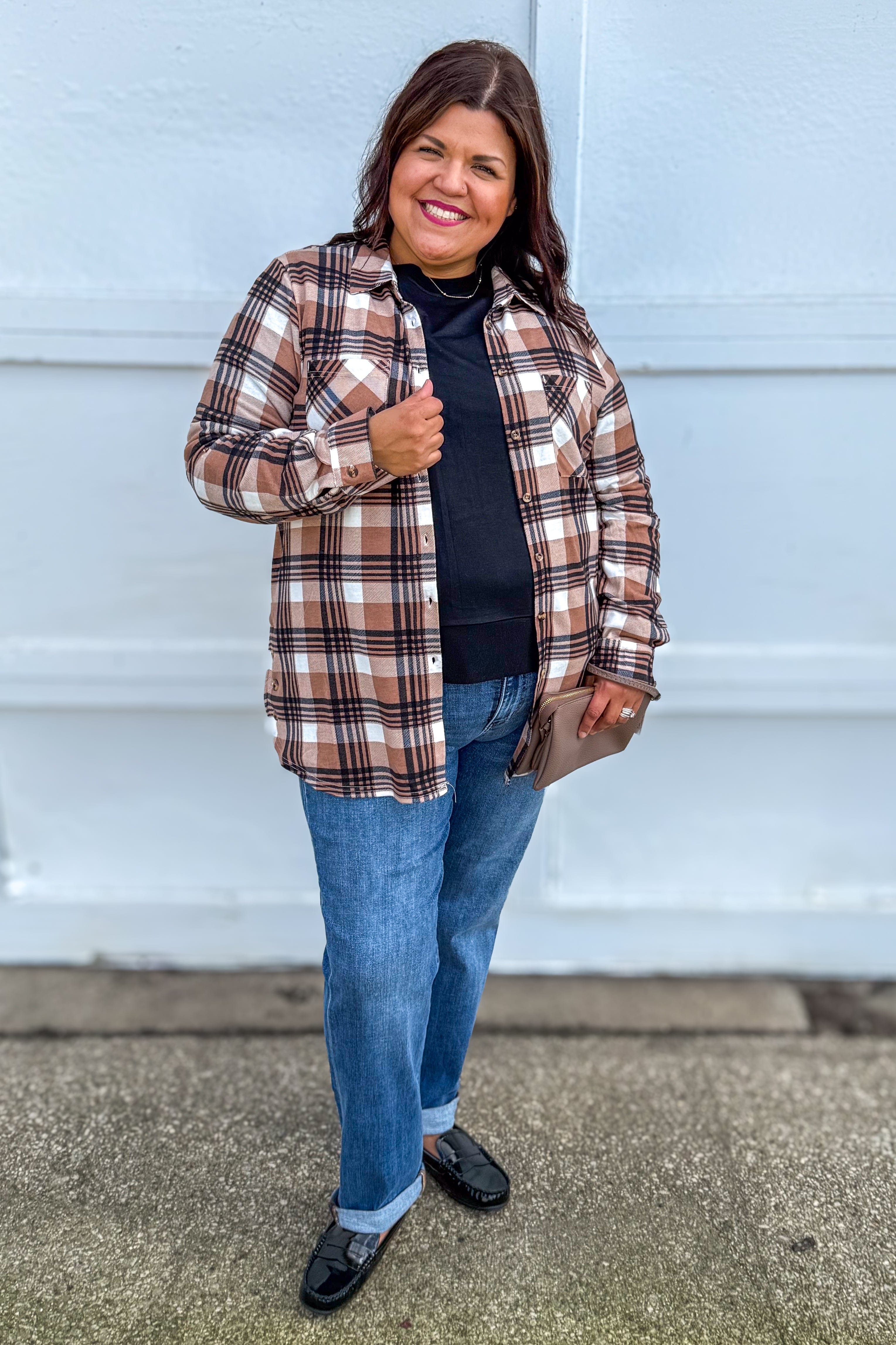 Taupe & Black Side Vent with Buttons Plaid Flannel styled