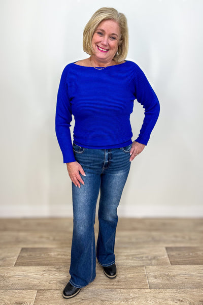Royal Blue Ribbed Dolman Sweater styled