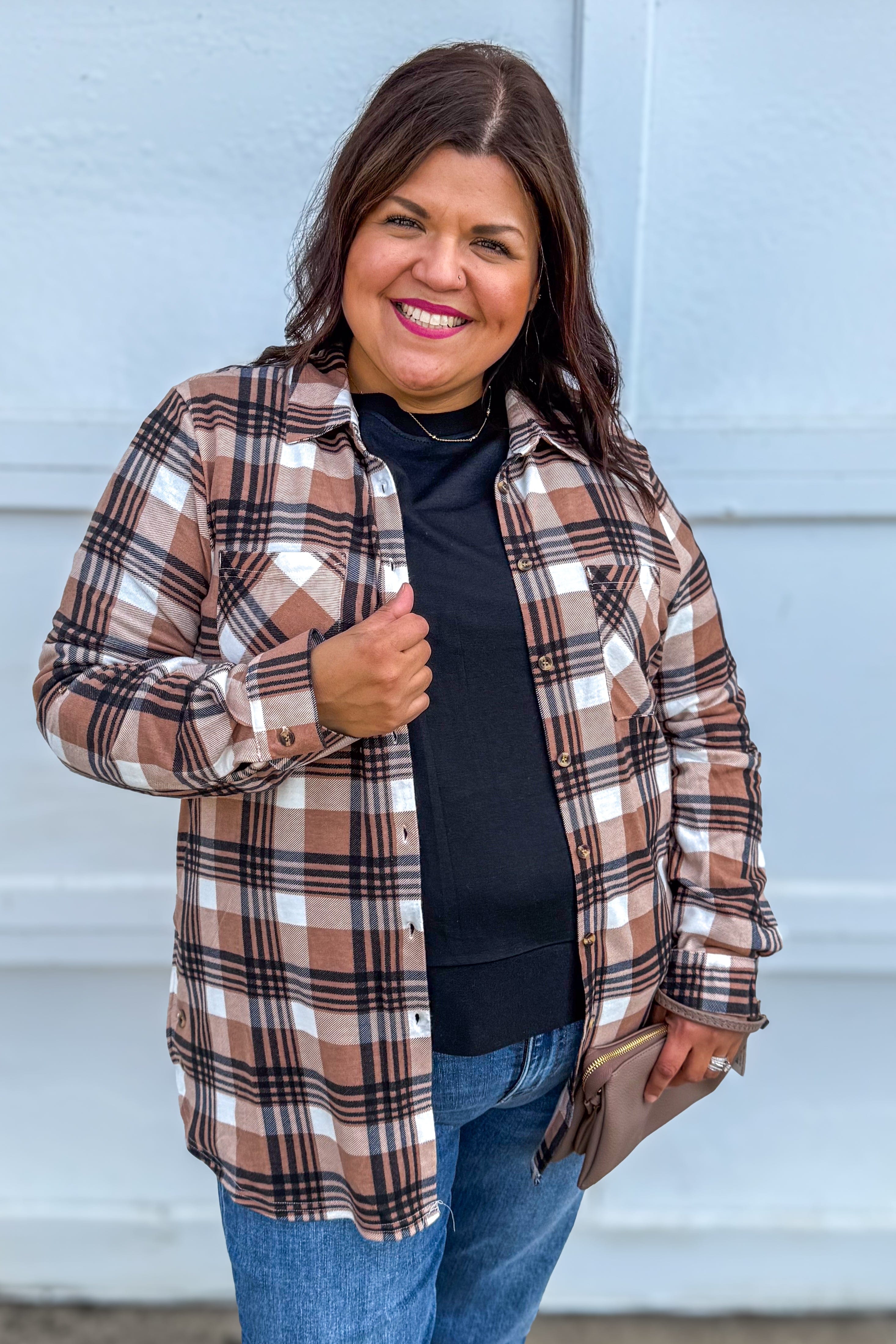 Taupe & Black Side Vent with Buttons Plaid Flannel
