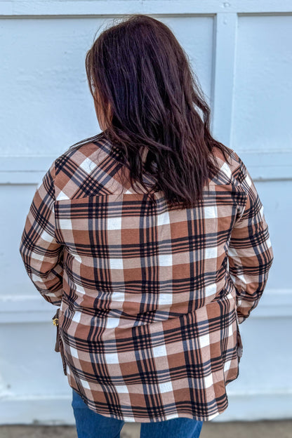 Taupe & Black Side Vent with Buttons Plaid Flannel back