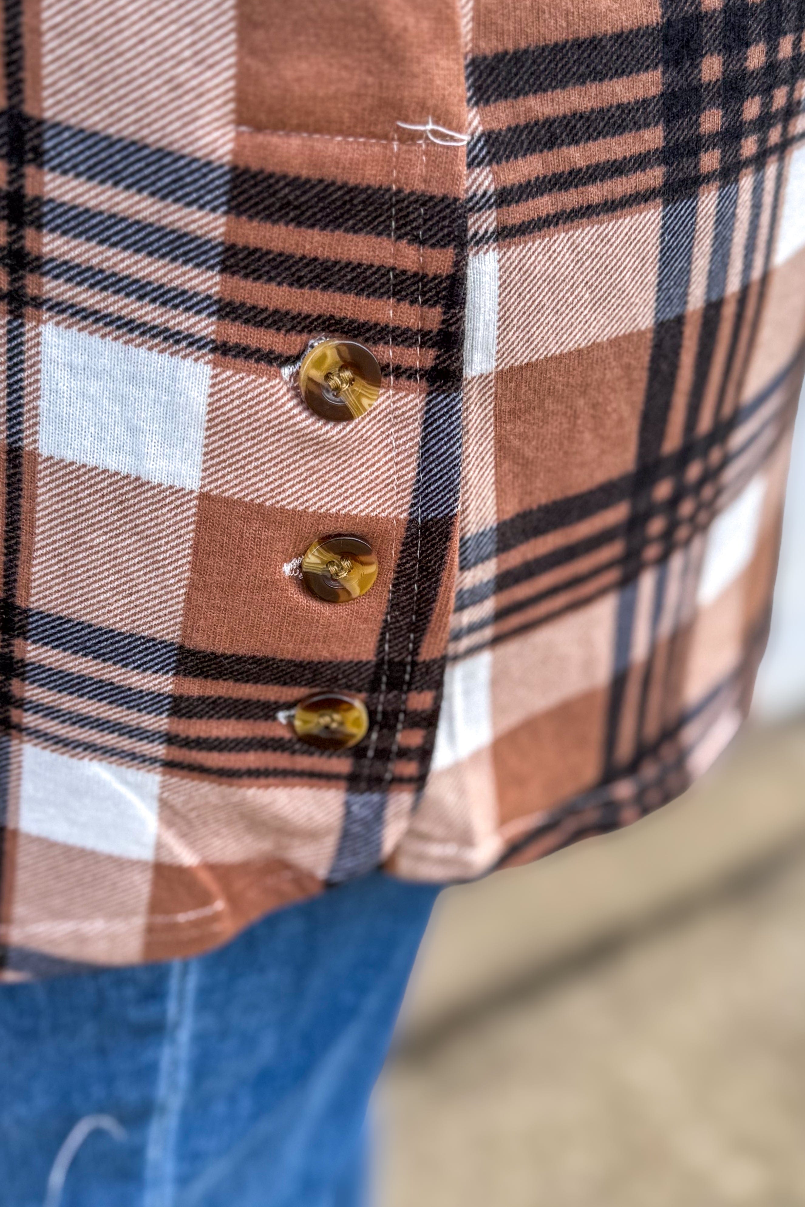 Taupe & Black Side Vent with Buttons Plaid Flannel details