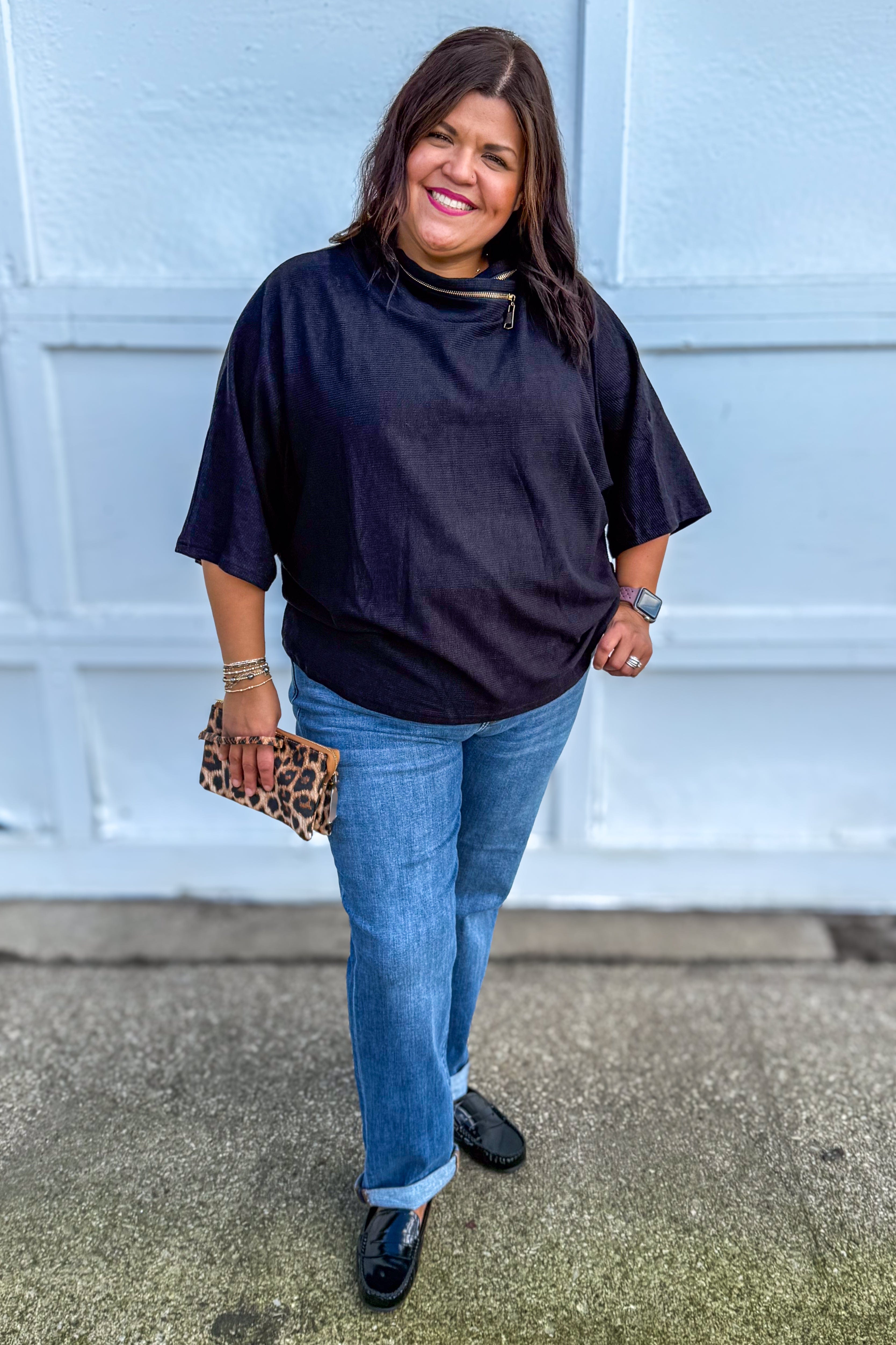 Onyx Zipper Cowl Neck Top styled