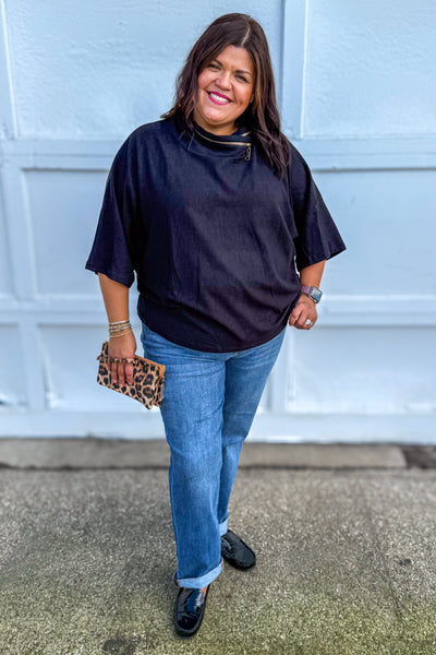 Onyx Zipper Cowl Neck Top styled