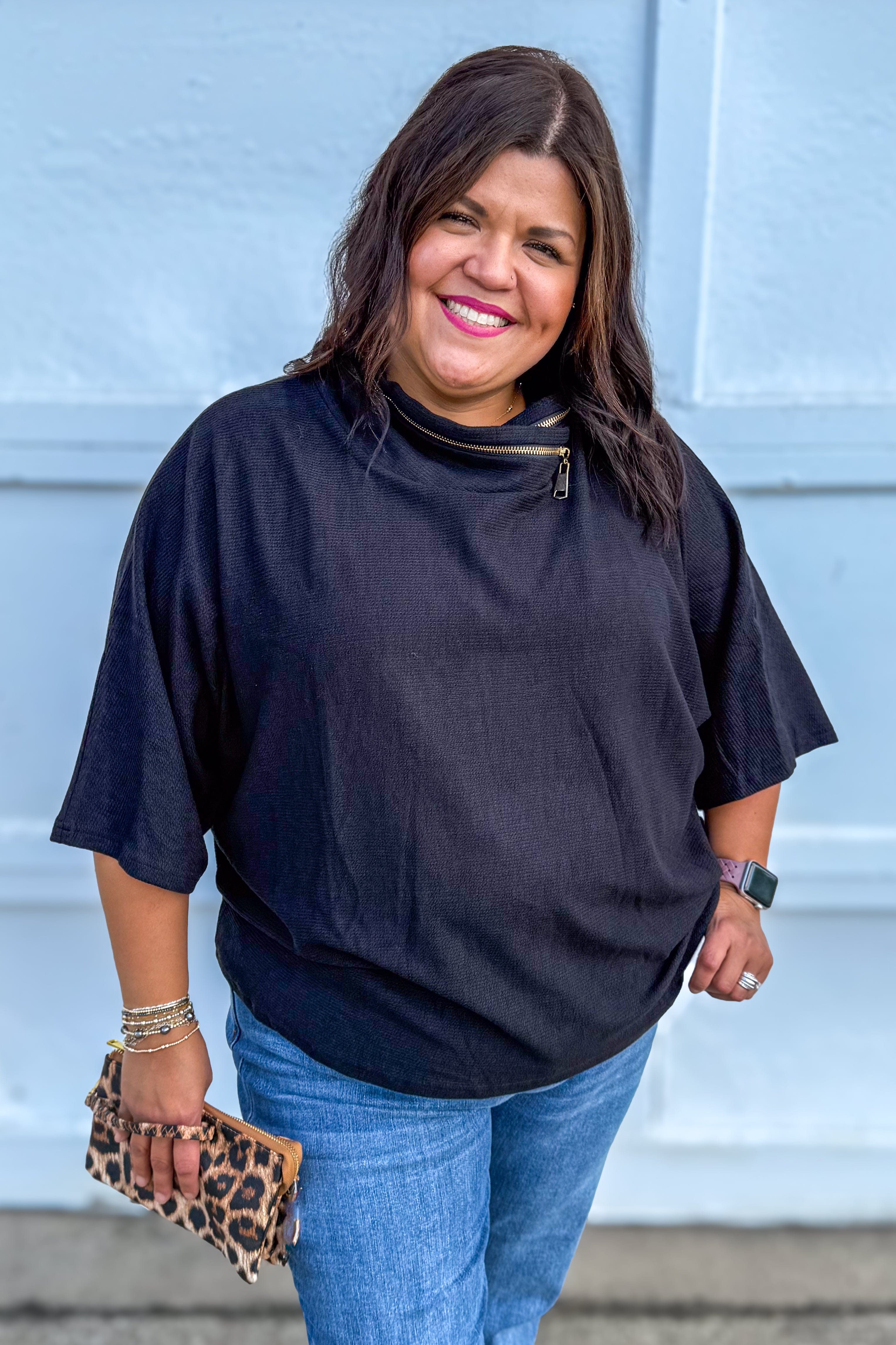 Onyx Zipper Cowl Neck Top