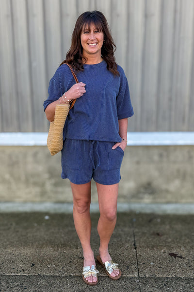 Navy Corded Shorts Set Styled
