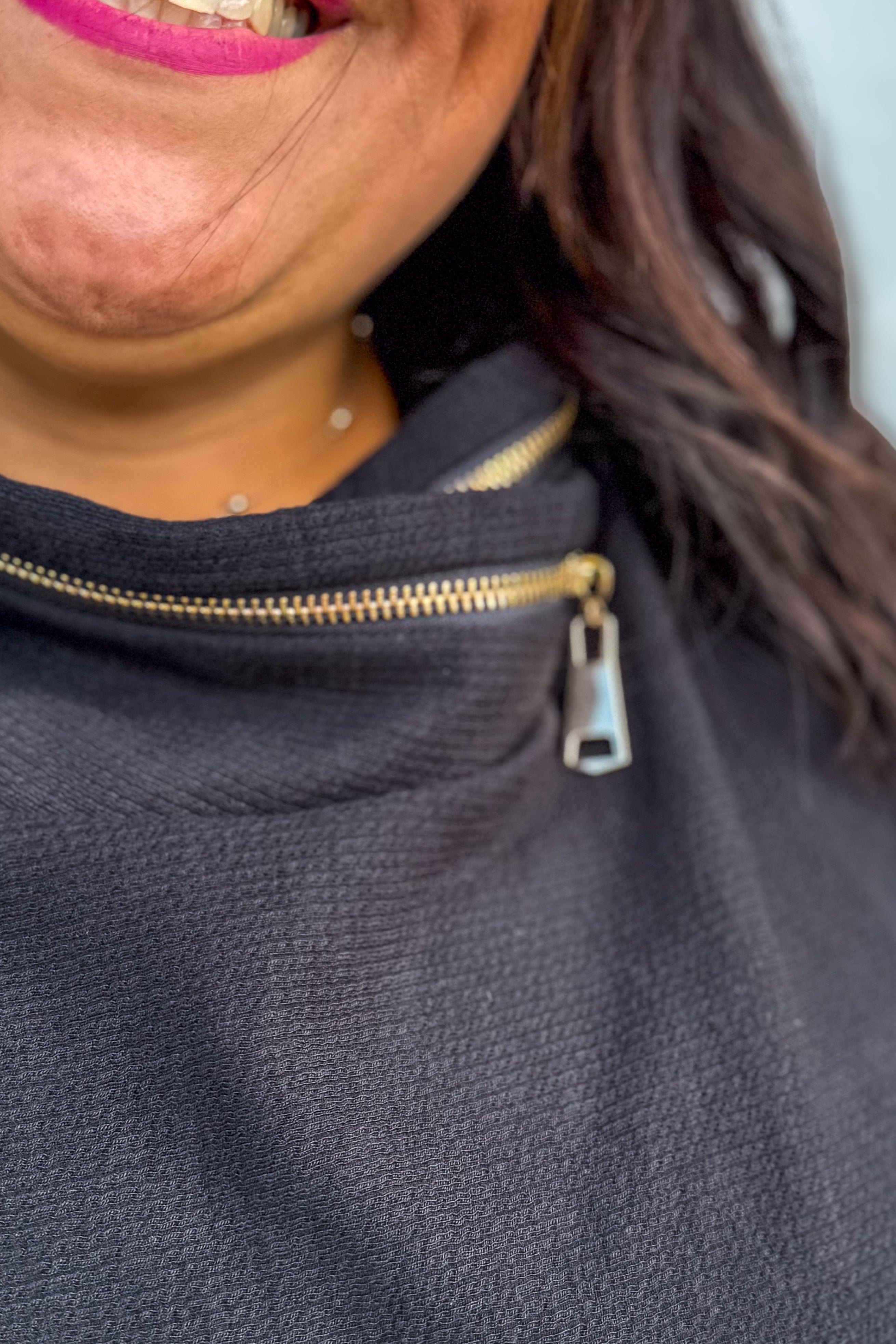 Onyx Zipper Cowl Neck Top details