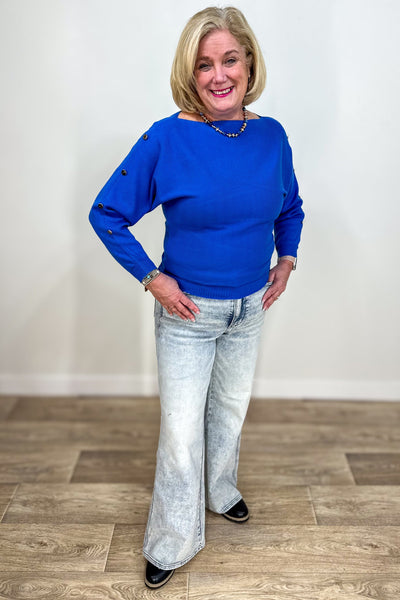 Royal Blue Ribbed Button Dolman Sweater styled