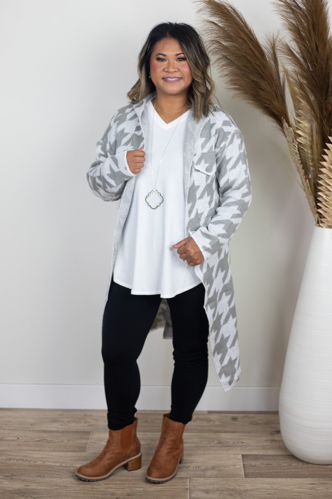 Grey & White Houndstooth Cardigan
