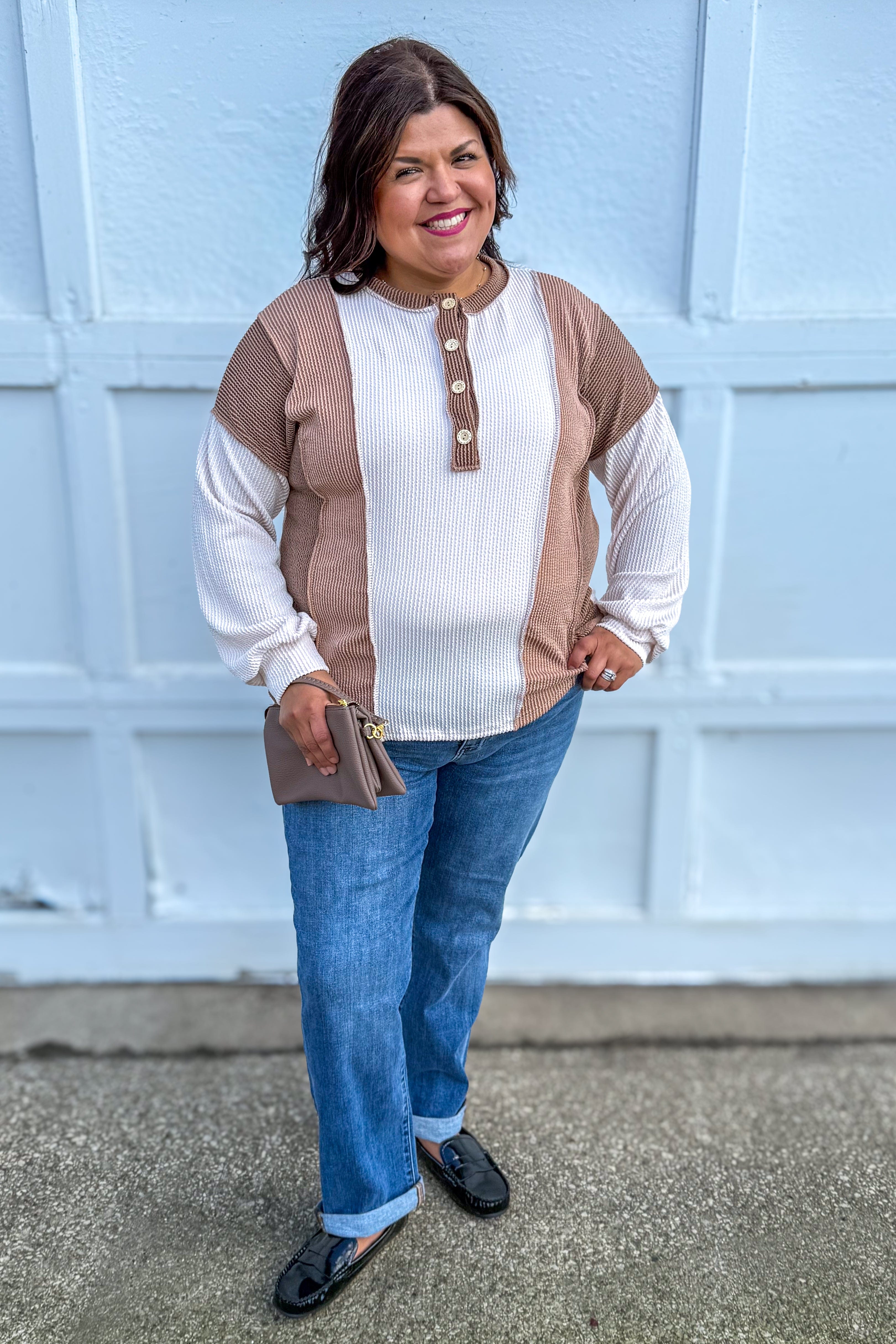 Eggshell & Chestnut Color Block Ribbed Top styled