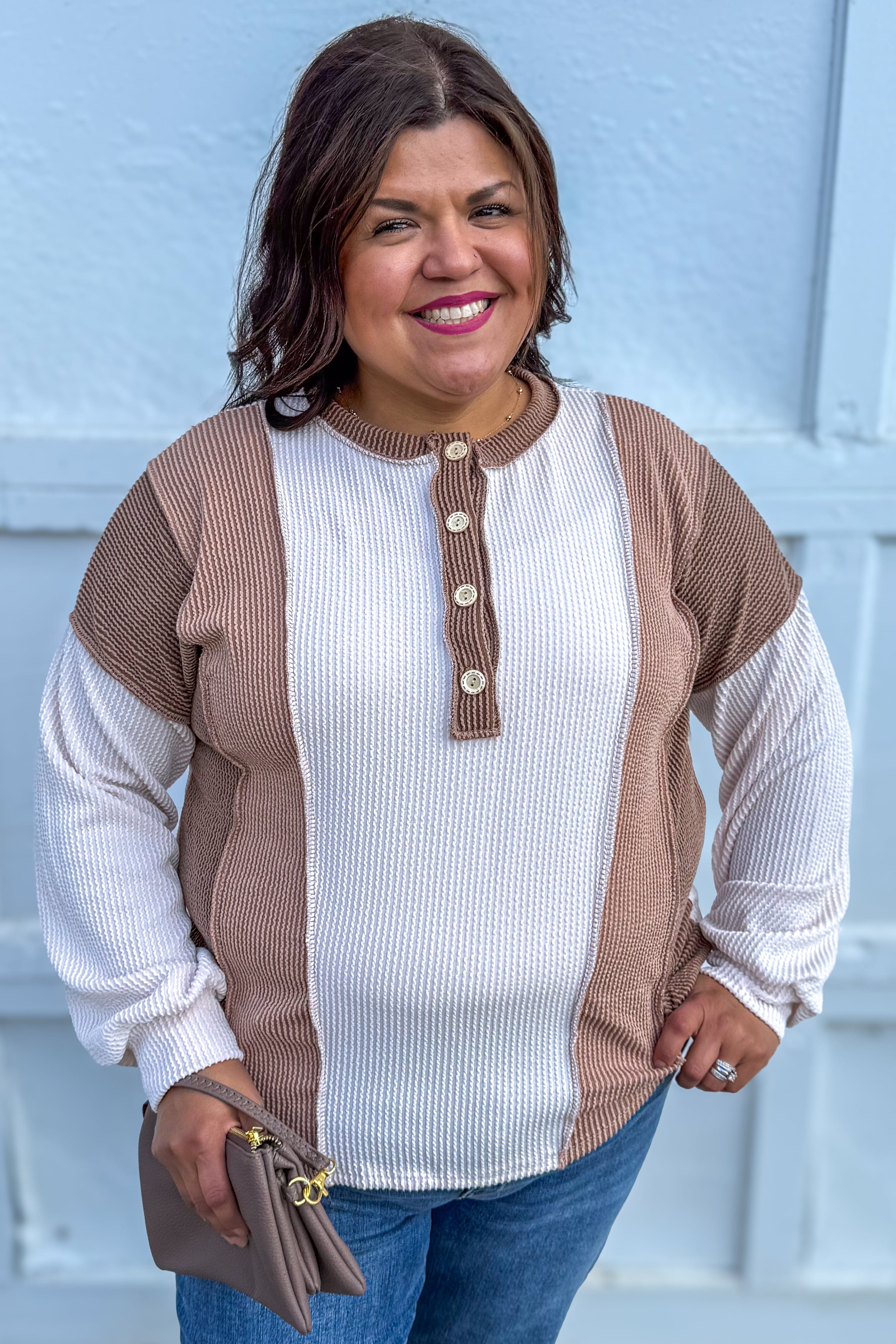 Eggshell & Chestnut Color Block Ribbed Top