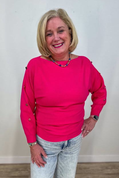 Hot Pink Ribbed Button Dolman Sweater