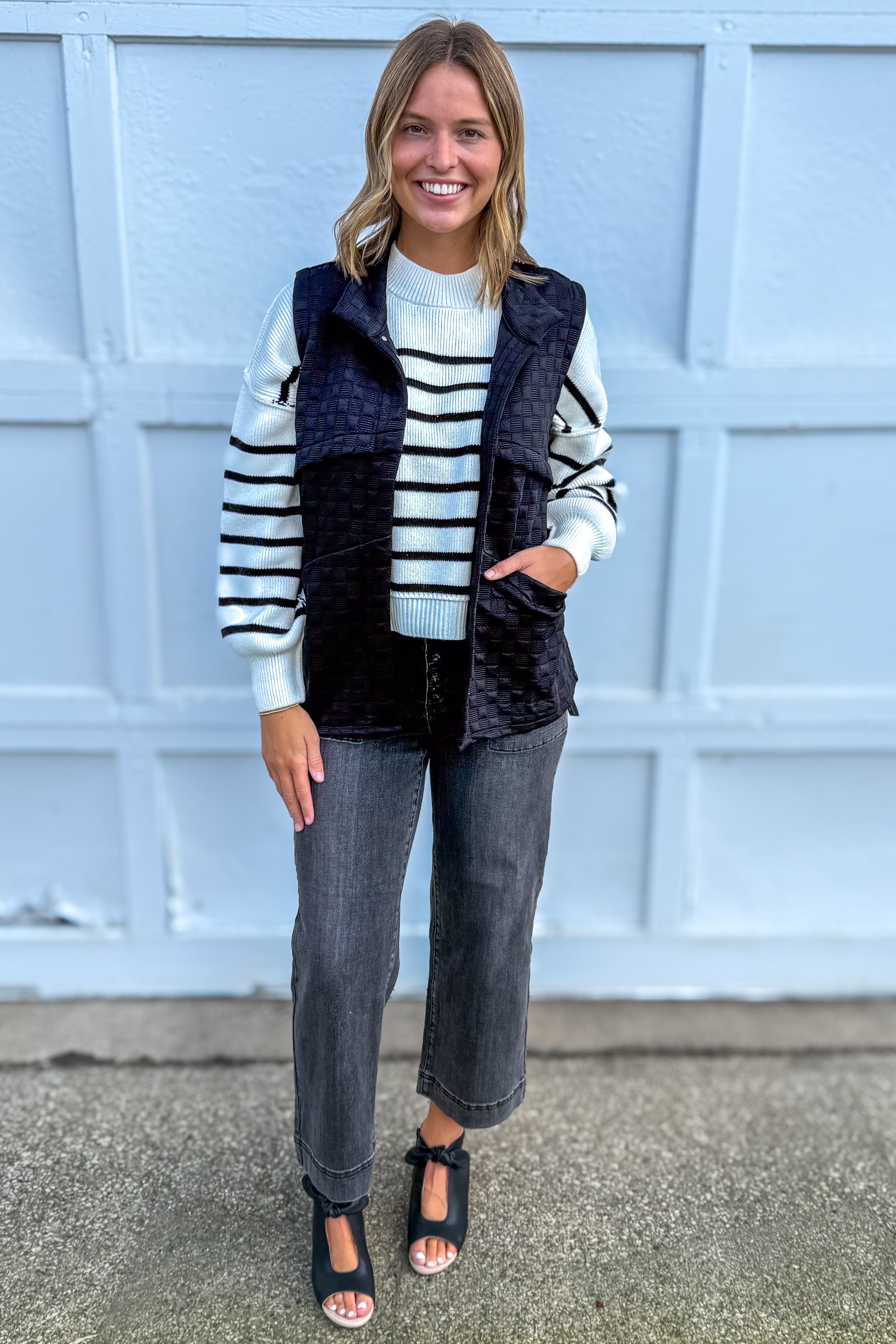 Ivory & Black Stripe Exposed Seam Sweater styled