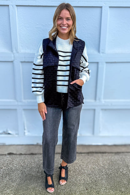 Ivory & Black Stripe Exposed Seam Sweater styled