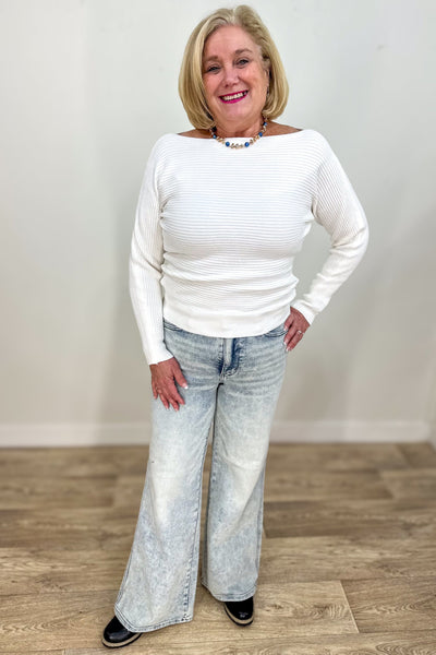 Ivory Ribbed Dolman Sweater styled