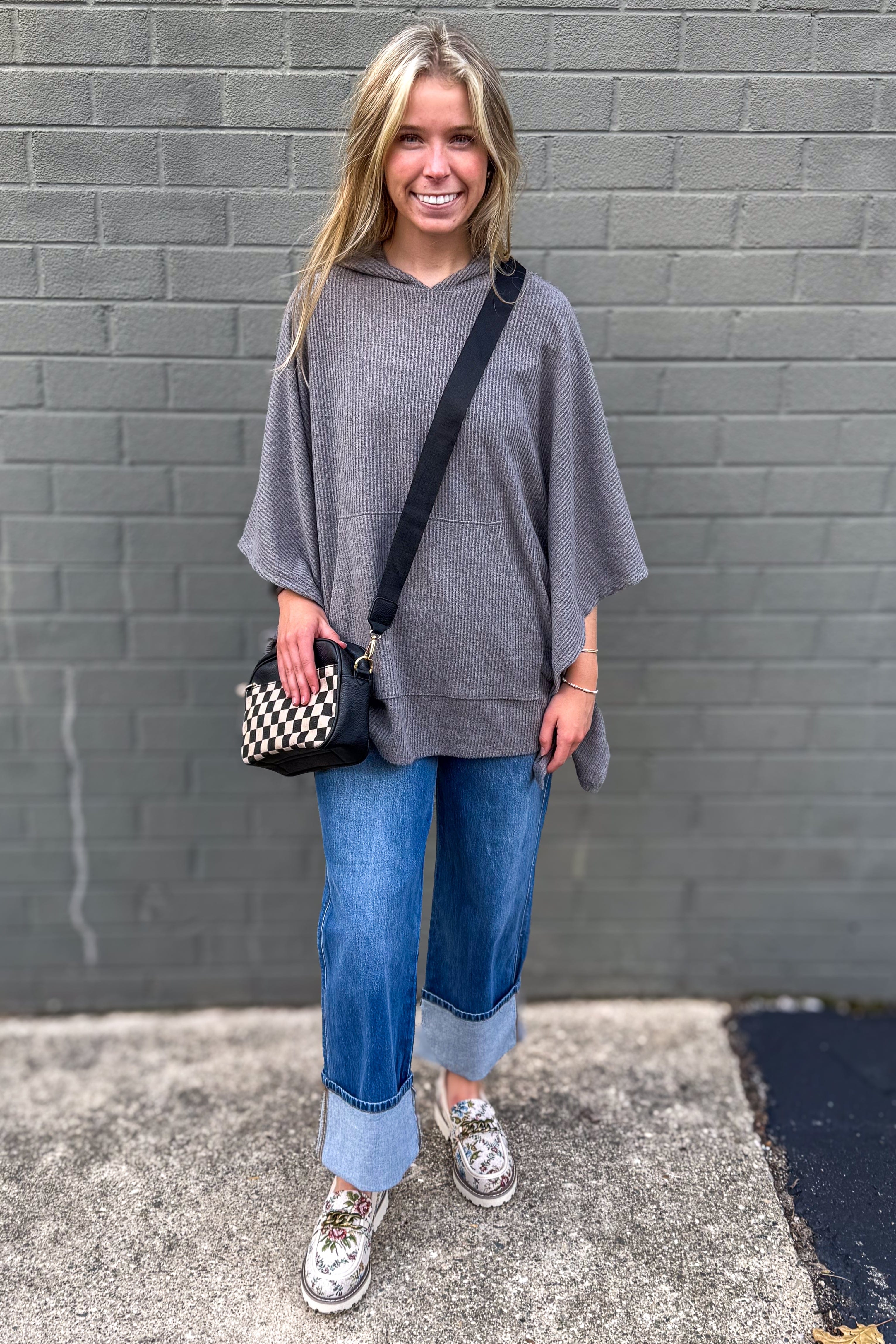 Charcoal Horizon Ribbed Hooded Poncho styled