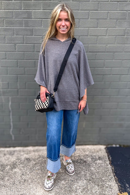 Charcoal Horizon Ribbed Hooded Poncho styled