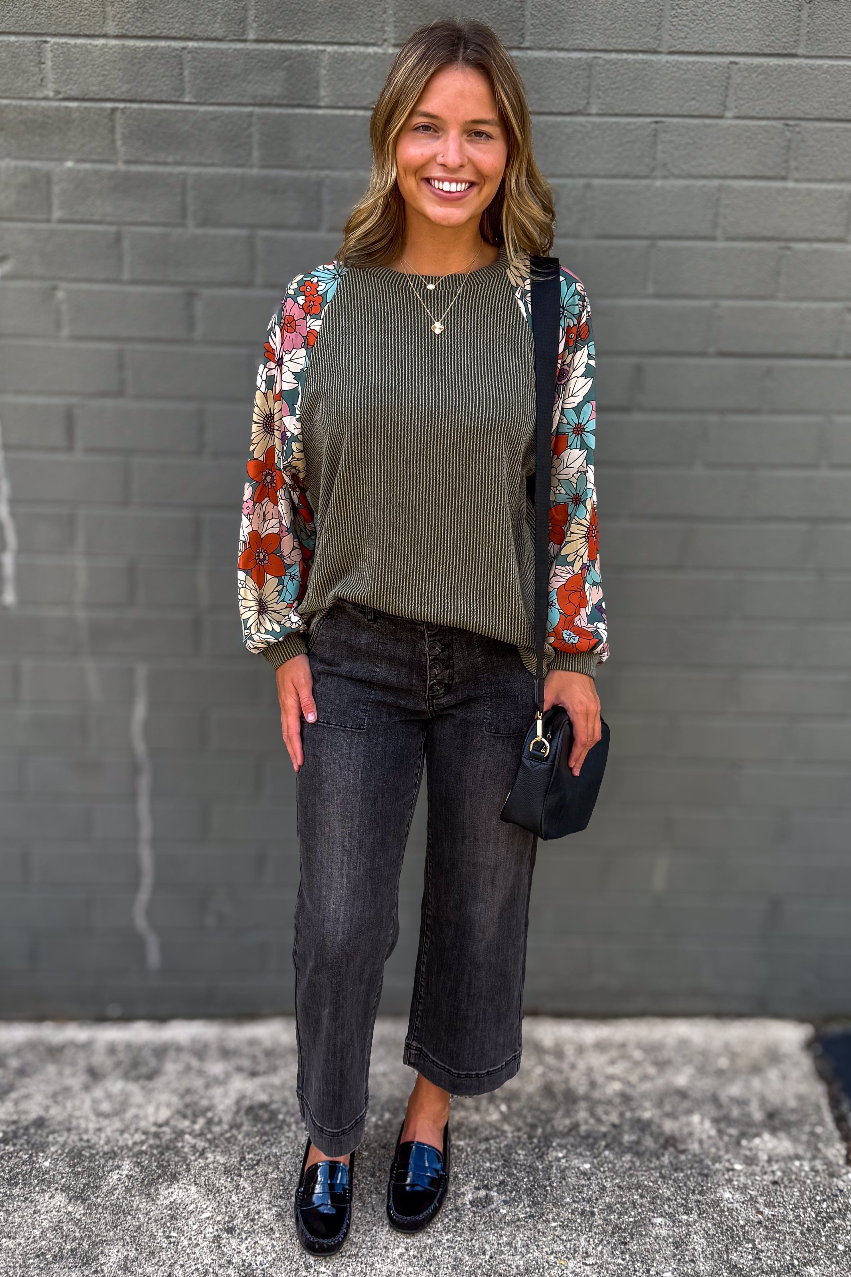 Olive Ribbed Dalia Floral Sleeve Top styled